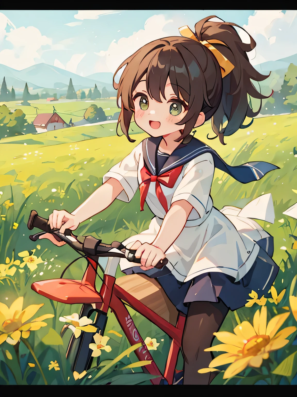 (8K、RAW photo、highest quality)、detailed background、beautiful and detailed face、beautiful and smooth skin、skin texture、professional lighting、Cute beautiful Iful Girl、Cute character wearing a sailor suit.、 The costume is an elegant dress with a sailor collar and ribbon..、Sexy Pantyhose、Cute Ponytail、 Riding a road bike through the countryside、
wide々Beautiful rural scenery and the four seasons々enjoy the changes in.。golden ears of rice and flowers々The scenery of blooming flowers enriches the soul..。smile
