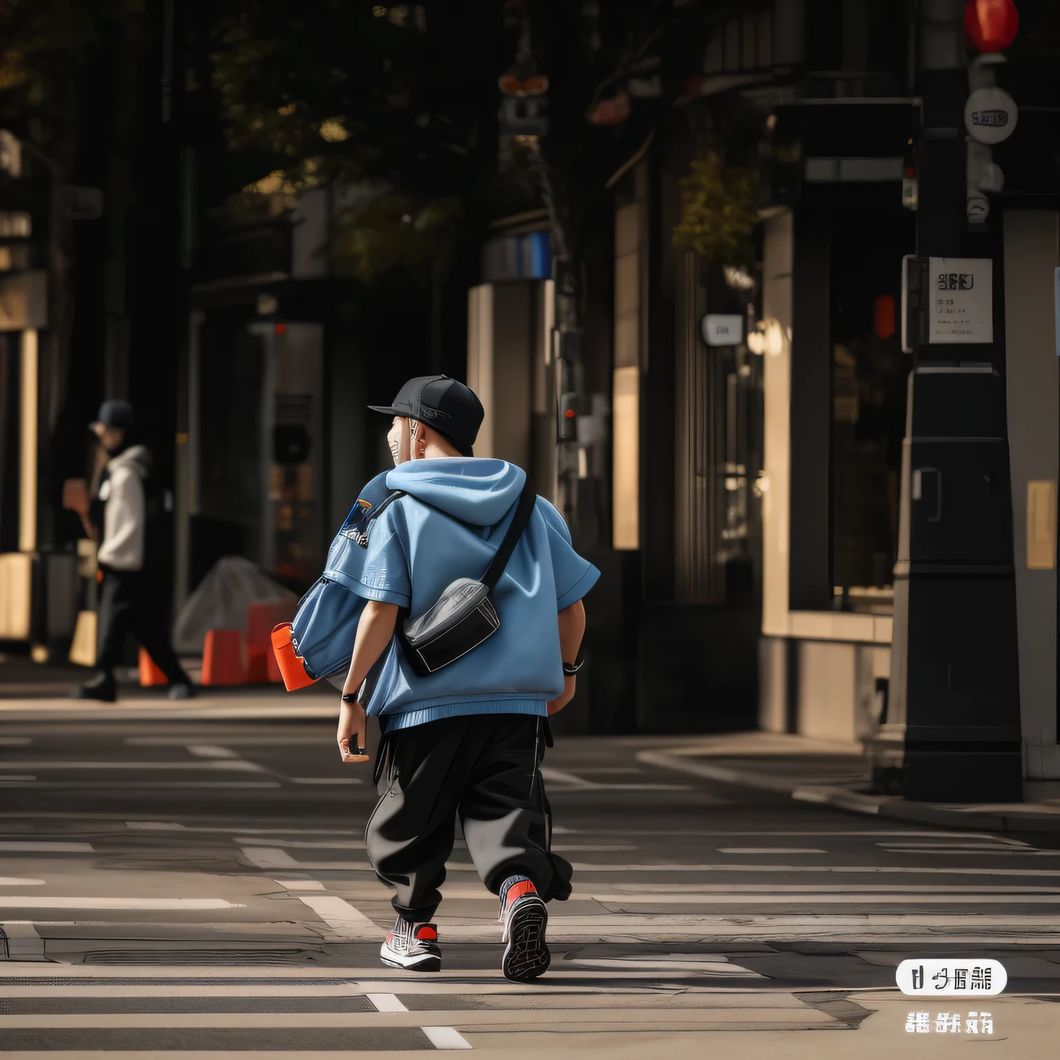 there is a Man walking down the street with a bag, Man walking through city, Man walking, Loose clothing and hats, Wandering in the city, 穿着古老的streetwear, streetwear, street photography style, on the street, on the street, walking on the street, streetwear, on a street in tokyo, On the streets of Tokyo，best quality, masterpiece, Very detailed, Super detailed，film photography