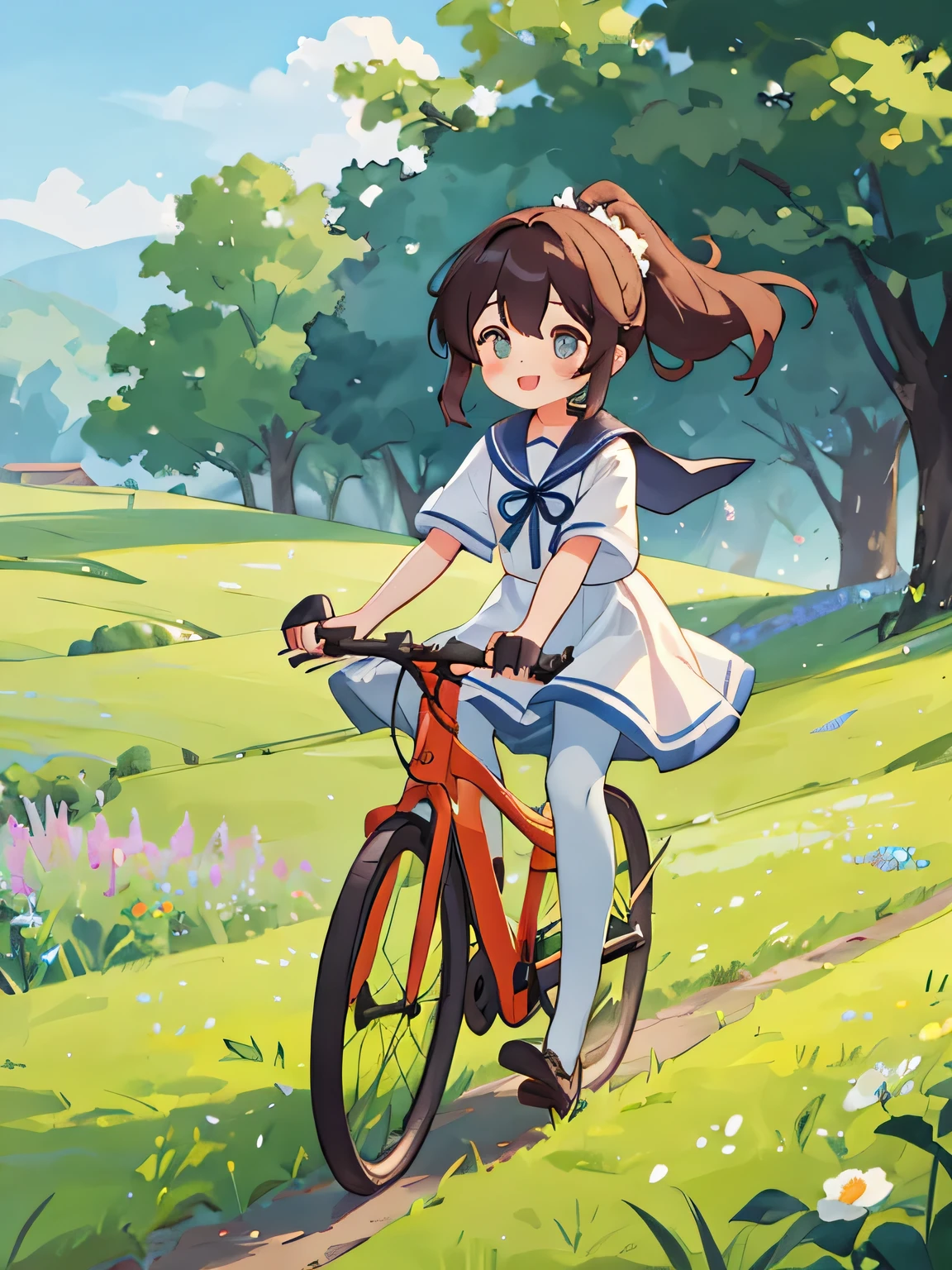 A little girl is riding in a large basket