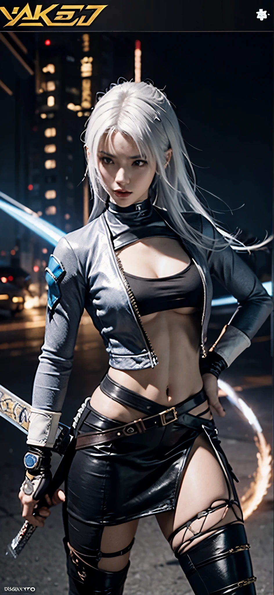 a close up of a person in a costume with a sword, as a character in tekken, female character, tifa lockhart with white hair, katana zero video game character, lunar themed attire, kda, slim body, cyborg - girl with silver hair, upper body avatar, fashion gameplay screenshot, fighting game character, new character, floralpunk elysian maiden, sigma female