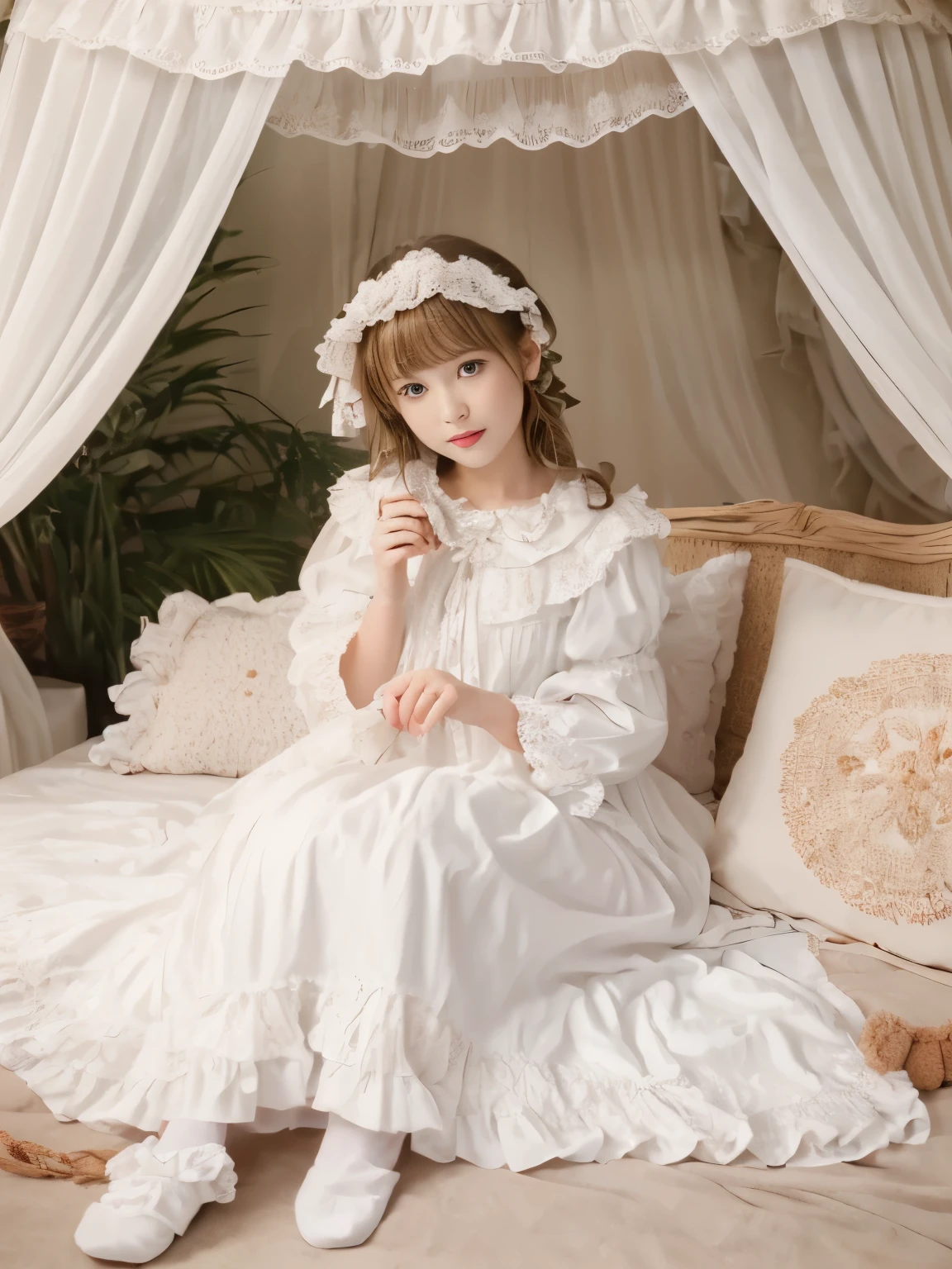 ,highest quality, masterpiece, highest resolution, artwork, super それにget used to it, many get used to it, get used to it, それにget used to it, 3K realistic photos,,(( at 10 years old)),Super detailed baby face,
Beautiful girl illustration,detailed beautiful face detailed hair,detailed human eye ,detailed mouth, arm details,detailed hands,
european,(((Blonde with super long rolls))),blue eyes,pajamas,night wear,((((white nightgown)))),((フリルとリボンが沢山付いたwhite nightgown)),((1920 style nightgowns)),,((headdress with frills and ribbons)),victorian nightgowns,Yoke collar with ruffles and ribbons,Long sleeves with ruffles,((Long skirt up to the ankle)),((The whole body is reflected)),white ruffle and lace socks,Wearing slippers with frills and ribbons,Pillow with large frills and ribbons,detailed costume,Detailed pillow,sitting on the bed, 贅沢なcanopy bedの上,canopy bed,Luxurious curtains on both sides of the bed,many frilly pillows on the bed,super detailed background,Detailed bed,Soft futon,フリルとリボンが沢山付いたDetailed bedカバー,romantic atmosphere,