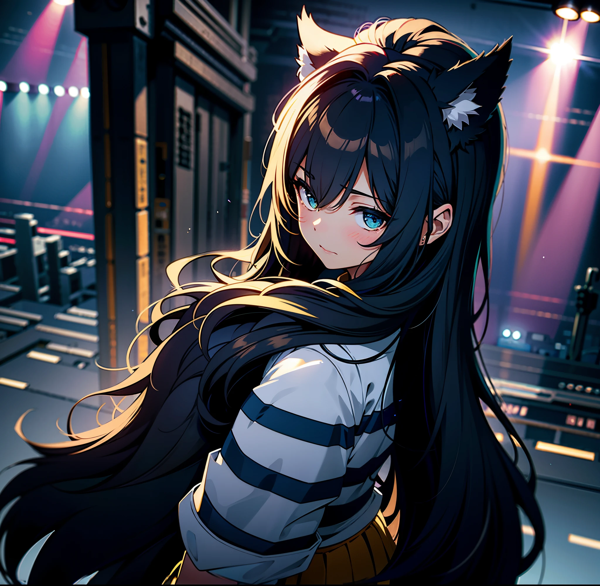 masterpiece, best quality, wolf girl, elegant, 1 girl, wolf ears, wolf tail, Lovely, Blushed, looking at the audience, from above, golden curly hair, mini skirt, Black and white striped T-shirt, blue eyes, beautiful eyes, beautiful background, light particles, suns rays, dramatic lighting, external, shining, actual, masterpiece, best quality, ultra-detailed, detailed, landscape, beautiful detailed eyes, detailed hair