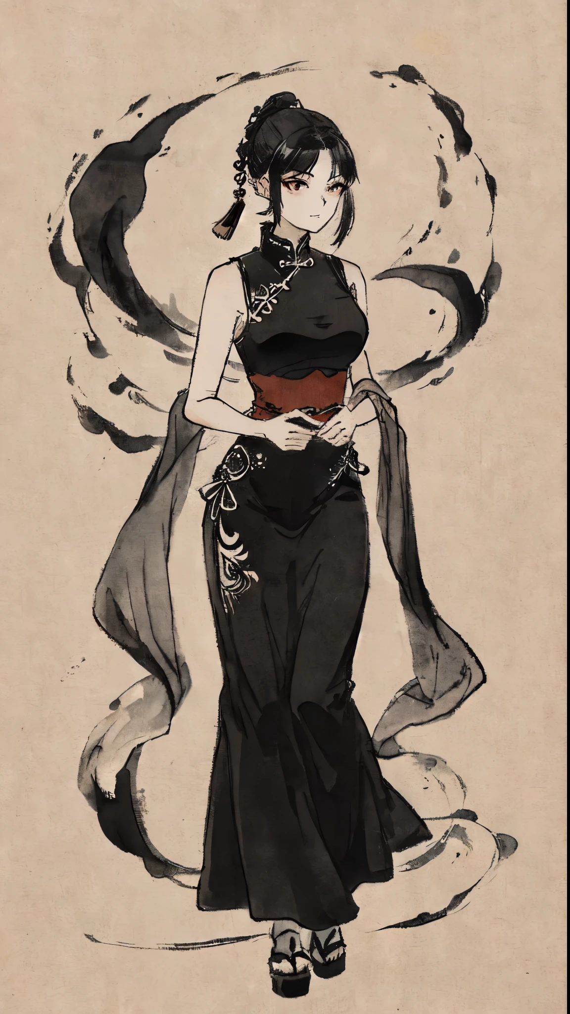 (traditional Chinese ink painting,) (black and white) (fulll body) shukezouma, 1 woman, beautiful chinese vampire, 30 years old, mean expression, wearing a sleeveless dress, high collar, long black hair, faux bob, surrounded by ghosts