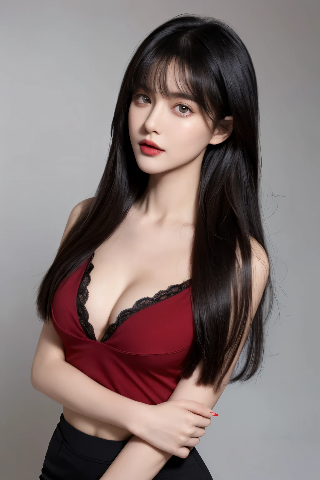 (lifelike,high resolution:1.3), A slim girl, The face shape and eyes are super delicate,black hair,red glossy lips,(beautiful face), (best quality), (Super detailed), (Extremely detailed CG unified 8k wallpaper),((deep v shirt )),(White background),(cleavage),(Model photo),sexy look,big eyes,(standing),(air bangs),(Slim waistline),(SMALL BREASTS),full upper body
