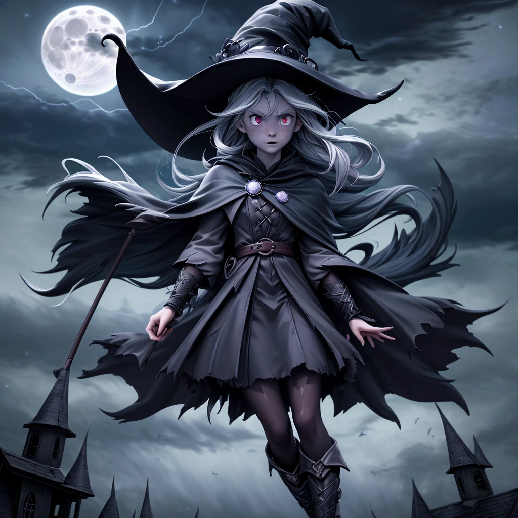 (best quality, HDR, ultra-detailed, realistic:1.37), scary witches flying on broomsticks, tense race through a cloud and thunderstorm filled night sky, swirling ring of magic marks the end, lightning outlines the course, full moon