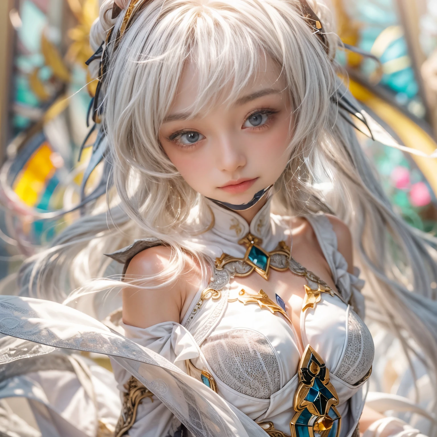 KAWAII girl in ((WHITE)) (loose opened uniform), with Glossy RED lips, (Exposed:0.9), (nipple:-1), { Extremely closeup | Dynamic-angle }, ((Dazzling stained glass Background)), (( colorful Light pours down from stunning elaborate stained glass:1.2)), vivid Red colors . ((Acutance:0.8, physically-based 3D rendering with Volumetric lighting)), (masterpiece:1.2), (ultra-detailed:1.35), (realistic, photorealistic, ((photo-realistic:1.37))with touch of rawness) . ((Renbutsu Misako)), (Extremely detailed KAWAII face variations, with Dynamic expressions),  detailed eyes with sparkling highlights, captivating gaze, long eyelashes, subtle blush on the face, rosy cheeks, impeccable ivory skin texture . { full of flowers covering girl's body | Mystic sight | God rays | haze | Light Particle | Luminous Particle | Lens Flare | A Halo in the air | Overflowing underboob | Button Undoned } . (((Unaligned fingers:-0.9))) .