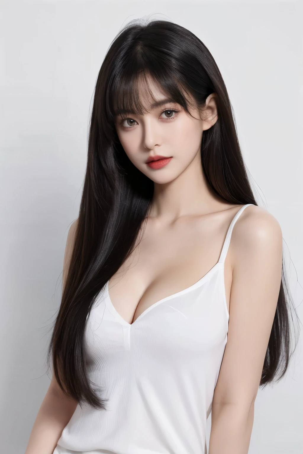 (lifelike,high resolution:1.3), A slim girl, The face shape and eyes are super delicate,black hair,red glossy lips,(beautiful face), (best quality), (Super detailed), (Extremely detailed CG unified 8k wallpaper),((deep v shirt )),(White background),(cleavage),(Model photo),sexy look,big eyes,(standing),(air bangs),(SMALL BREASTS),(full upper body)