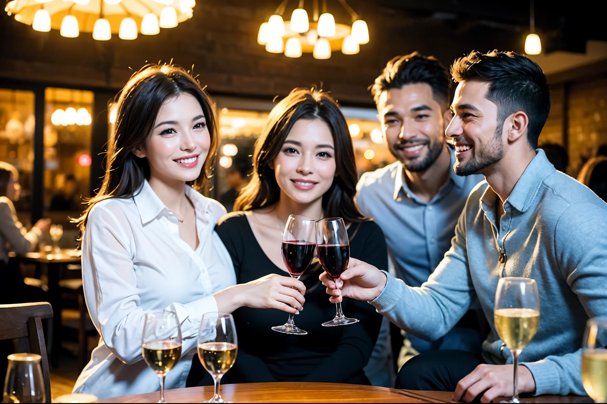 64k, UHD, highest quality, masterpiece: 1.2), (realistic, photorealistic: 1.37), Super detailed, celebration party、Beauty、beautiful mature woman、3 women who love wine、Three Men、champagne、Sparkling wine、winter night、restaurantでワイン宴会、(slimな男女4名),(Wine party for 5 people)、(slimフェイス),Happy、 最高なsmile、Fox Face、Raccoon face、Berry Short、(because I'thin), (brown hair), (shortcut), long sleeve shirt、winter fashion、Colombia、Brazilian、Japanese、Dutch、German、Portuguese、Belgian、Italian、french, (gushing), (slimボティ), (brown hair), (shortcut), Neat beauty、cheeks blush a little, (41 years old), 38 years old, 35 years old、32 years old、 A beautiful and detailed night view spreads out outside the window...., restaurant, wine glassが座っている, At night, in a prominent place (from the Upper body) nova frog style, actress, model, Upper body, White wine, slim, wine glass, Very beautiful night view, wine glass Put in the Middle, Happy smile, (smile: 1.15),