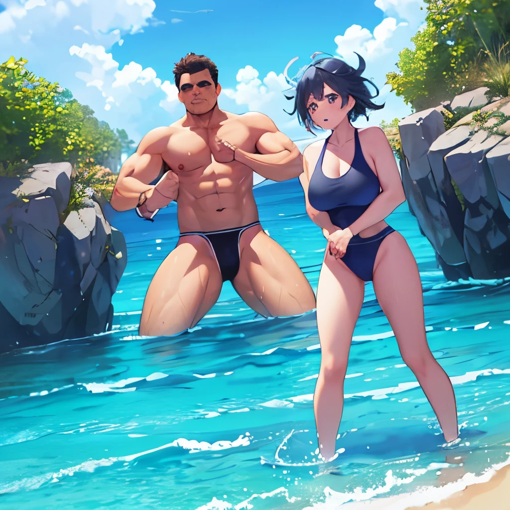 sea background、two men and women、（（（man））、male、Strong Man、（muscular）、swimsuit）、（woman、big breasts）