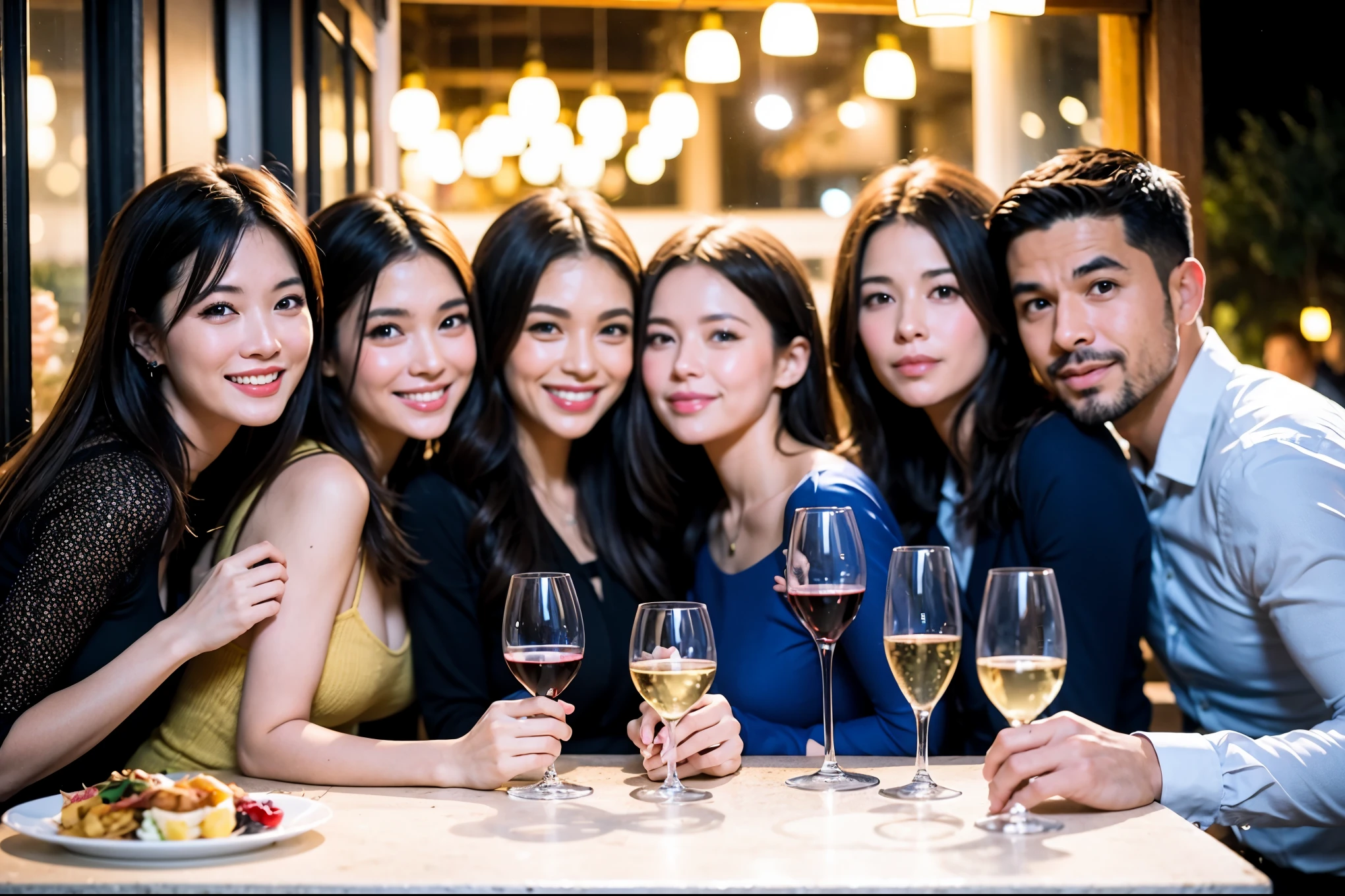 64k, UHD, highest quality, masterpiece: 1.2), (realistic, photorealistic: 1.37), Super detailed, celebration party、Beauty、beautiful mature woman、3 women who love wine、Three Men、champagne、Sparkling wine、winter night、restaurantでワイン宴会、(slimな男女4名),(Wine party for 5 people)、(slimフェイス),Happy、 最高なsmile、Fox Face、Raccoon face、Berry Short、(because I'thin), (brown hair), (shortcut), long sleeve shirt、winter fashion、Colombia、Brazilian、Japanese、Dutch、German、Portuguese、Belgian、Italian、french, (gushing), (slimボティ), (brown hair), (shortcut), Neat beauty、cheeks blush a little, (41 years old), 38 years old, 35 years old、32 years old、 A beautiful and detailed night view spreads out outside the window...., restaurant, wine glassが座っている, At night, in a prominent place (from the Upper body) nova frog style, actress, model, Upper body, White wine, slim, wine glass, Very beautiful night view, wine glass Put in the Middle, Happy smile, (smile: 1.15),
