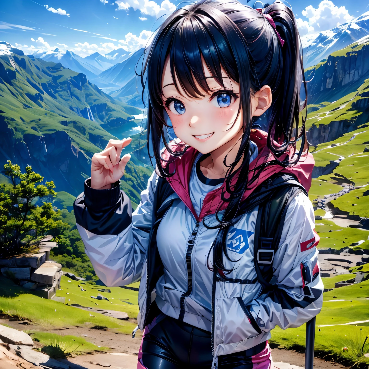 cute、girl、mountain climbing、grim、smile、beautiful scenery、