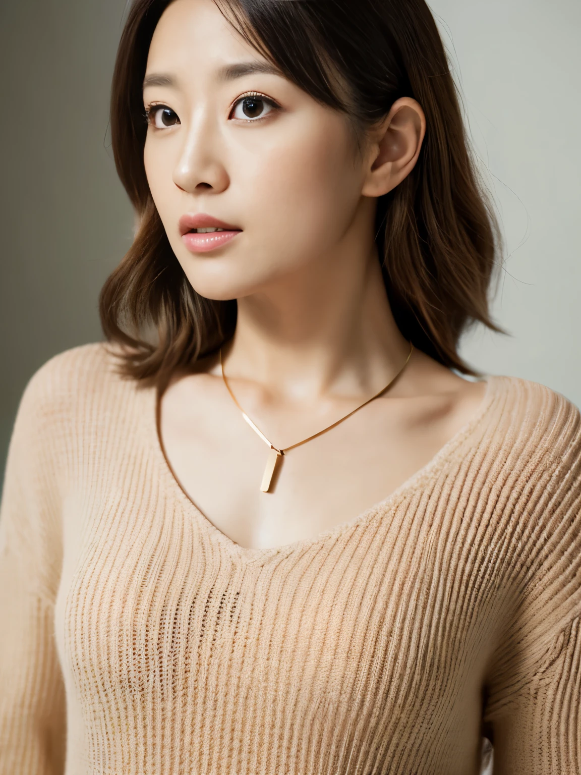 (highest quality, 8k, 32k, masterpiece, Ultra-high resolution: 1.2), Cute Japanese 40 year old woman photos, Upper Body, (sexy suit) necklace, Simple Background, Look around, Large Bust、