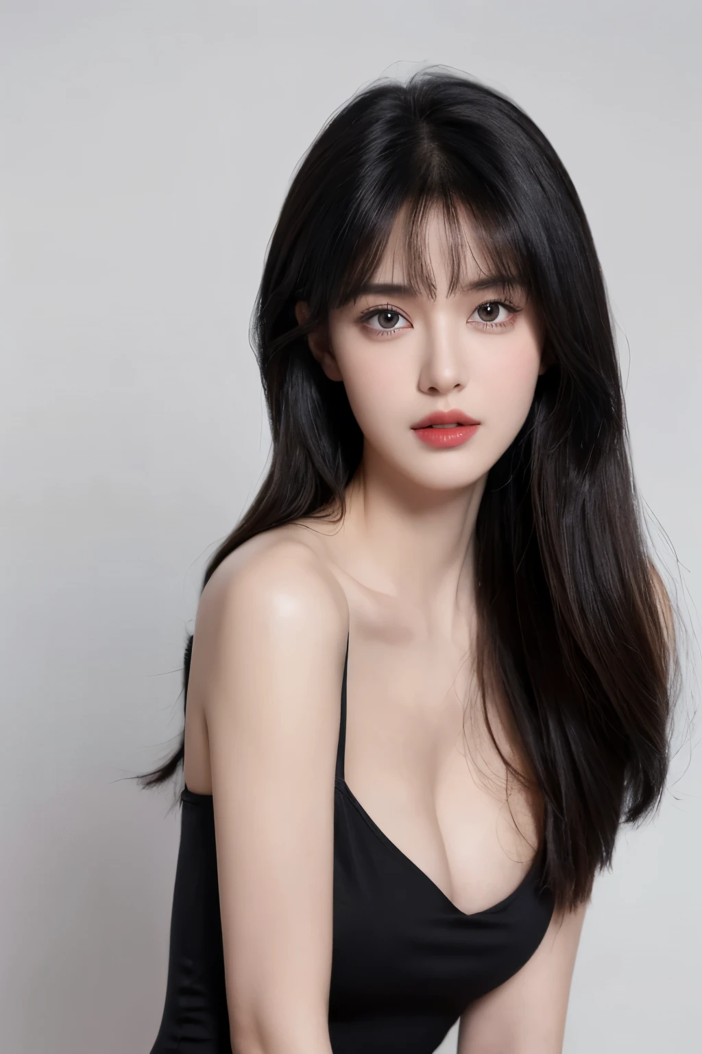 （lifelike,high resolution：1.3）， A slim girl， The face shape and eyes are super delicate,black hair,red glossy lips,(beautiful face), (best quality), (Super detailed), (Extremely detailed CG unified 8k wallpaper),((deep v dress)),(White background),(cleavage),(Model photo),sexy look,big eyes,(standing),(air bangs),(SMALL BREASTS),(full upper body)