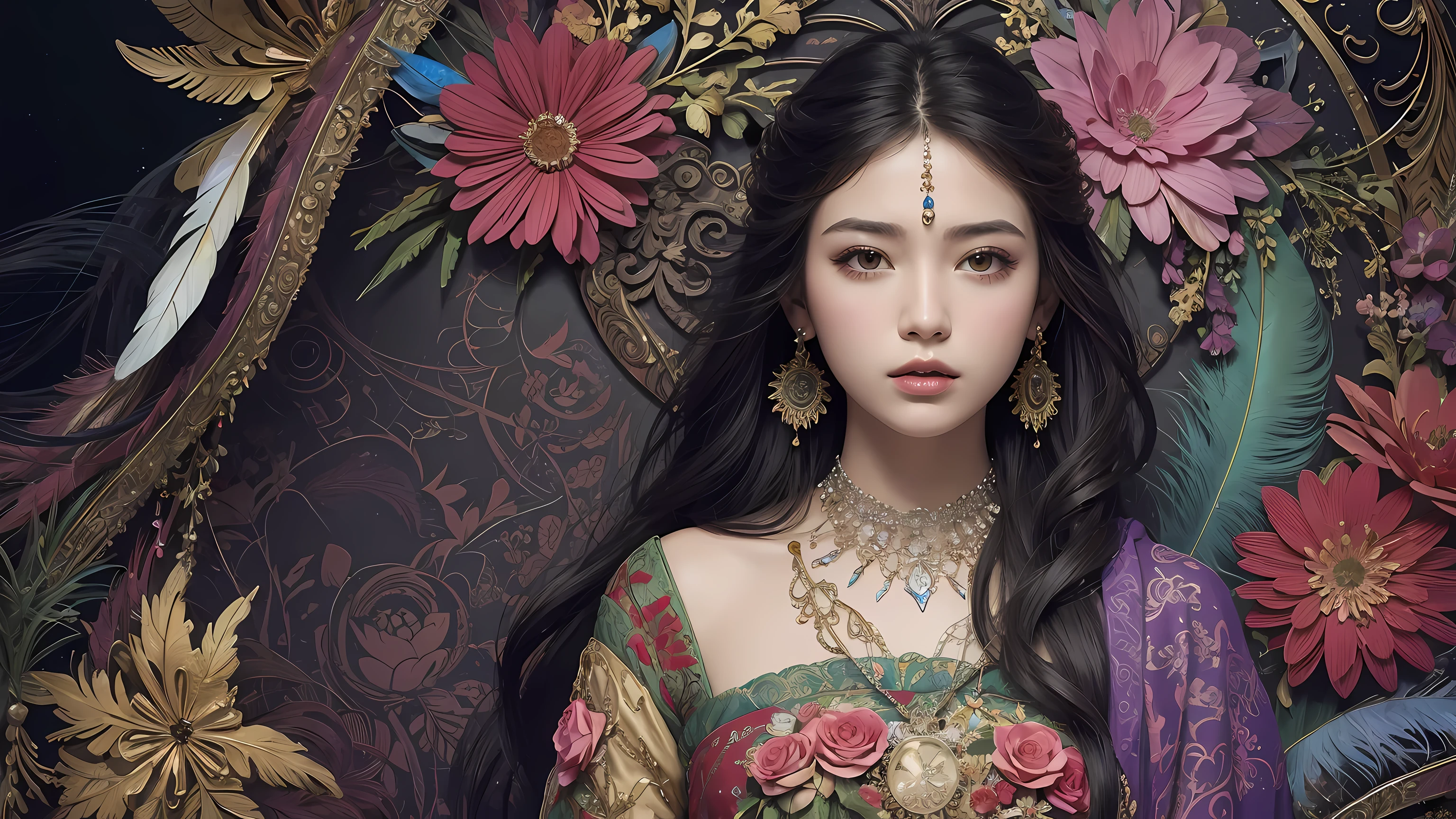 (masterpiece, top quality, best quality, official art, beautiful and aesthetic:1.2), (1girl:1.3), extremely detailed,(fractal art:1.1),(colorful:1.1)(flowers:1.3),highest detailed,(zentangle:1.2), full body, (abstract background:1.3), (shiny skin), (many colors:1.4), ,(earrings), (feathers:1.5),