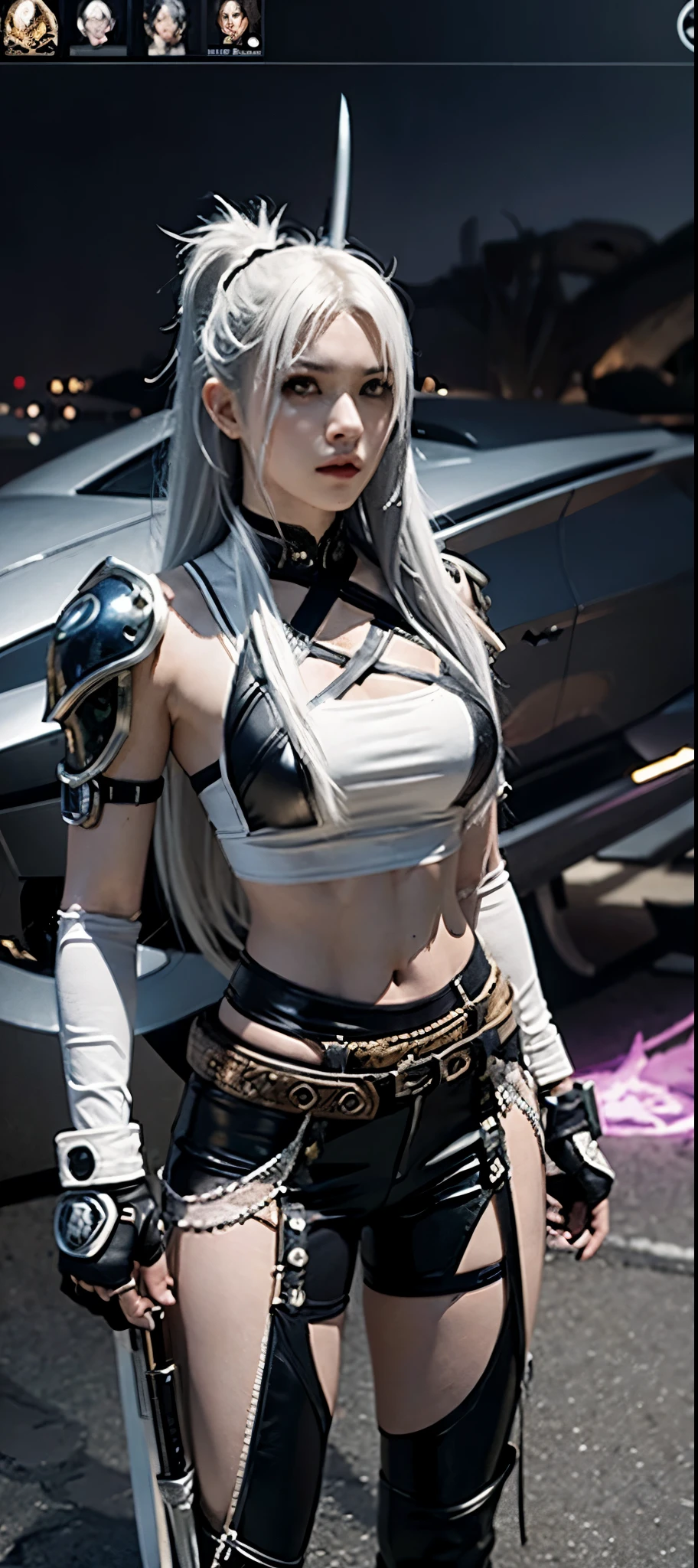 a close up of a person in a costume with a sword, as a character in tekken, female character, tifa lockhart with white hair, katana zero video game character, lunar themed attire, kda, slim body, cyborg - girl with silver hair, upper body avatar, fashion gameplay screenshot, fighting game character, new character, floralpunk elysian maiden, sigma female