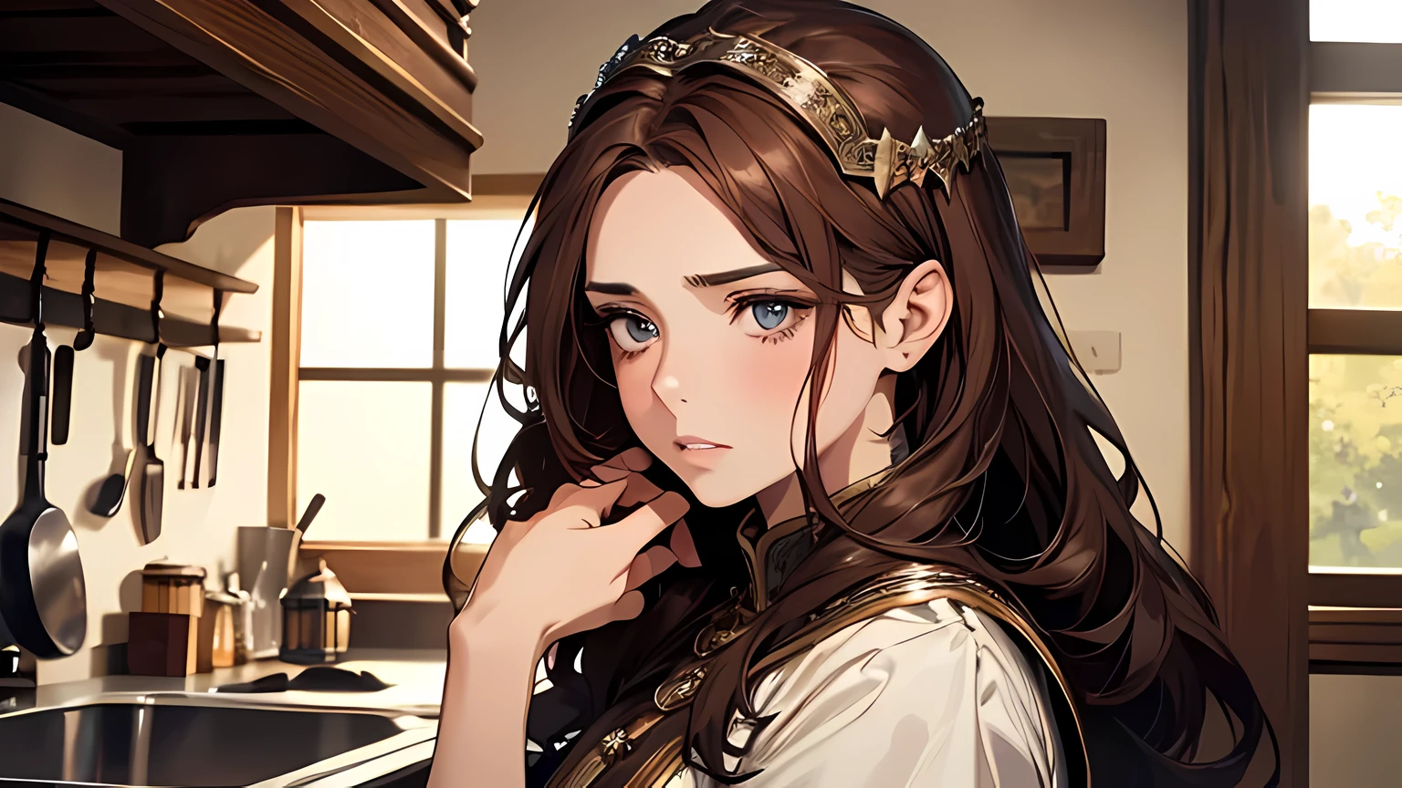 1 beautiful girl, 1 girl in brown hair, medieval times, knight, confused face, face detailed, plump lips, no expression, calm face, detailed eyes, detailed nose, in a small kitchen, confused face, calm face