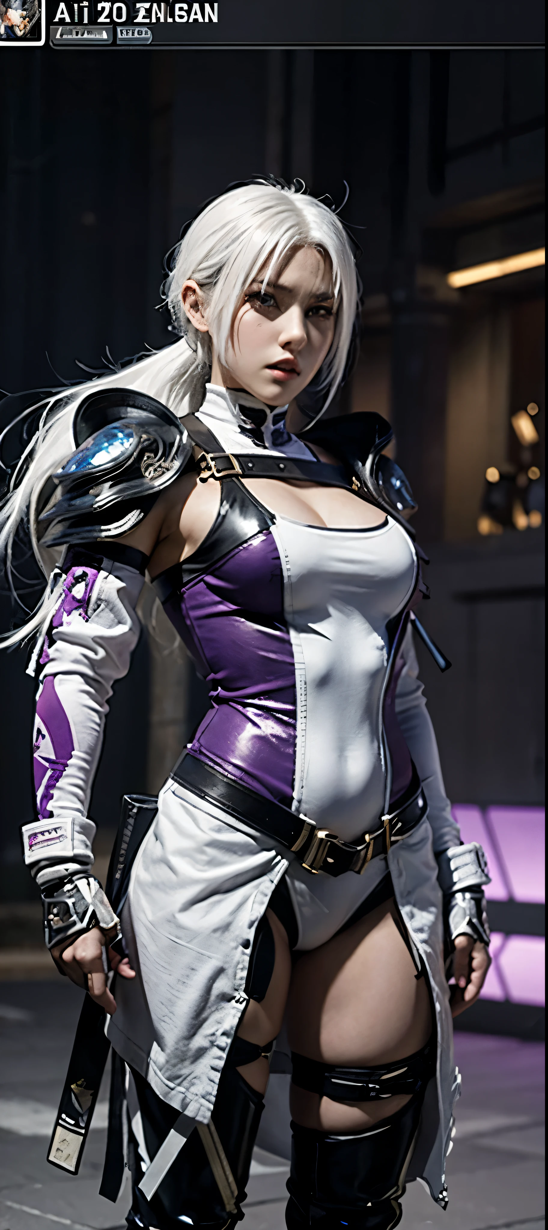 a close up of a person in a costume with a sword, as a character in tekken, female character, tifa lockhart with white hair, katana zero video game character, lunar themed attire, kda, slim body, cyborg - girl with silver hair, upper body avatar, fashion gameplay screenshot, fighting game character, new character, floralpunk elysian maiden, sigma female
