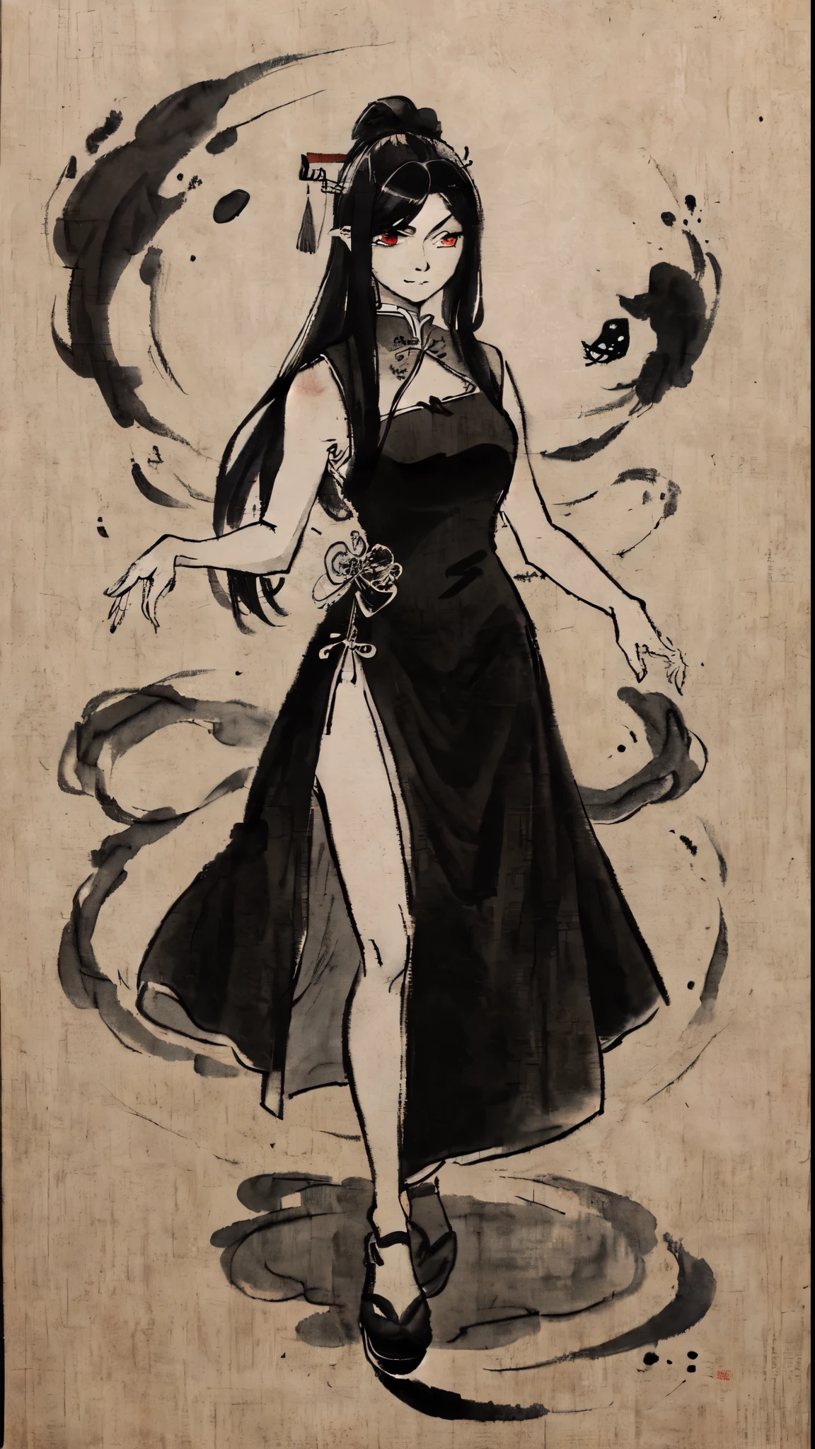 (traditional Chinese ink painting,) (black and white) (fulll body) shukezouma, 1 woman, beautiful chinese vampire, 30 years old, cruel expression, wearing a sleeveless dress, high collar, long black hair, faux bob, surrounded by ghosts