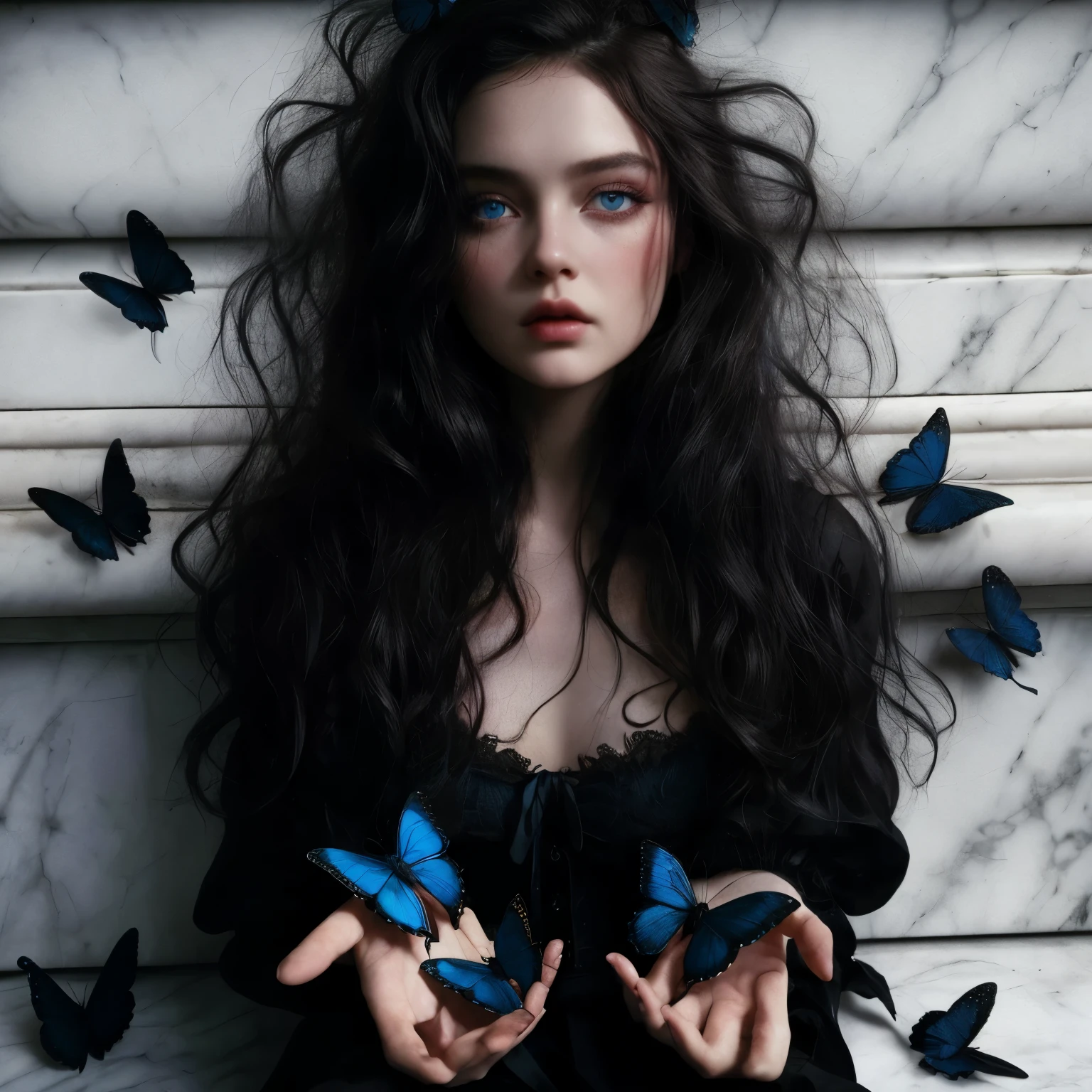 Un primer plano de una mujer con cabello largo y ojos azules, black mariposas, earley, mariposas, Natalie Shau tom bagshaw, Masha Krasnova, Steven Meisel, Dark Gothic queen with blue eyes, muchos Merlot, Amy Judd, editorial photograph, Artstyle Tom Bagshaw, Natalie Shau, belleza oscura