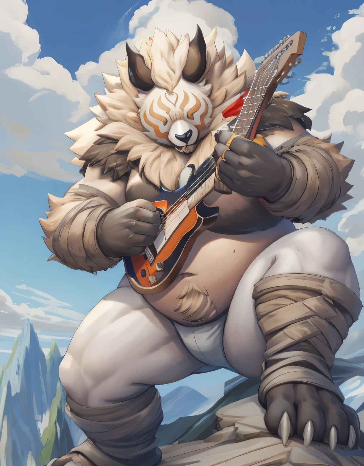 Alone，male people，chubbinesat minora，Upper body， Detailed pubic hair， A high resolution，， tmasterpiece，Excessive obesity，Obesity in the extremities，Lift your feet，sky，naked，fly，hilichurl，play the guitar，bard