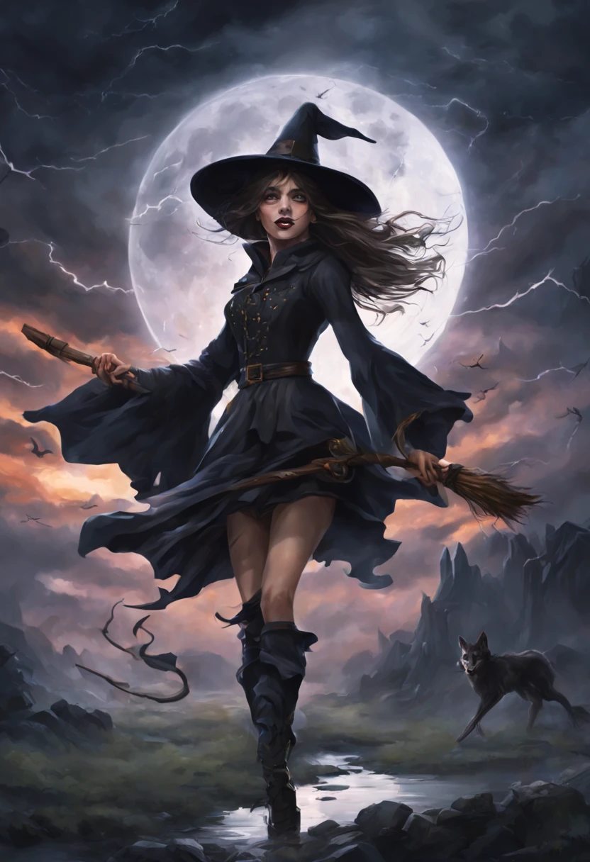 "(best quality,highres,realistic:1.37),scary witches flying on broomsticks, tense race above a cloud and thunderstorm-filled night sky, swirling ring of magic at the end, lightning outlining the course, full moon, mystical atmosphere, dramatic lighting, dark and eerie colors, witch hats and capes, hair flowing in the wind, intense expressions on their faces, intense focus and determination, broomsticks hovering in the air, crackling energy surrounding the broomsticks, ominous thunder and lightning, moonlight casting eerie shadows, mystical symbols in the sky, gusts of wind swirling around the witches, flying at high speed, competing for victory, anticipation and excitement, adrenaline-filled race, intense competition among witches, a thrilling and dangerous challenge, the world below disappearing in the darkness, stars twinkling in the night sky, the howling of the wind, clouds swirling ominously, wisps of fog adding to the eerie atmosphere, a sense of magic and mystery in the air."