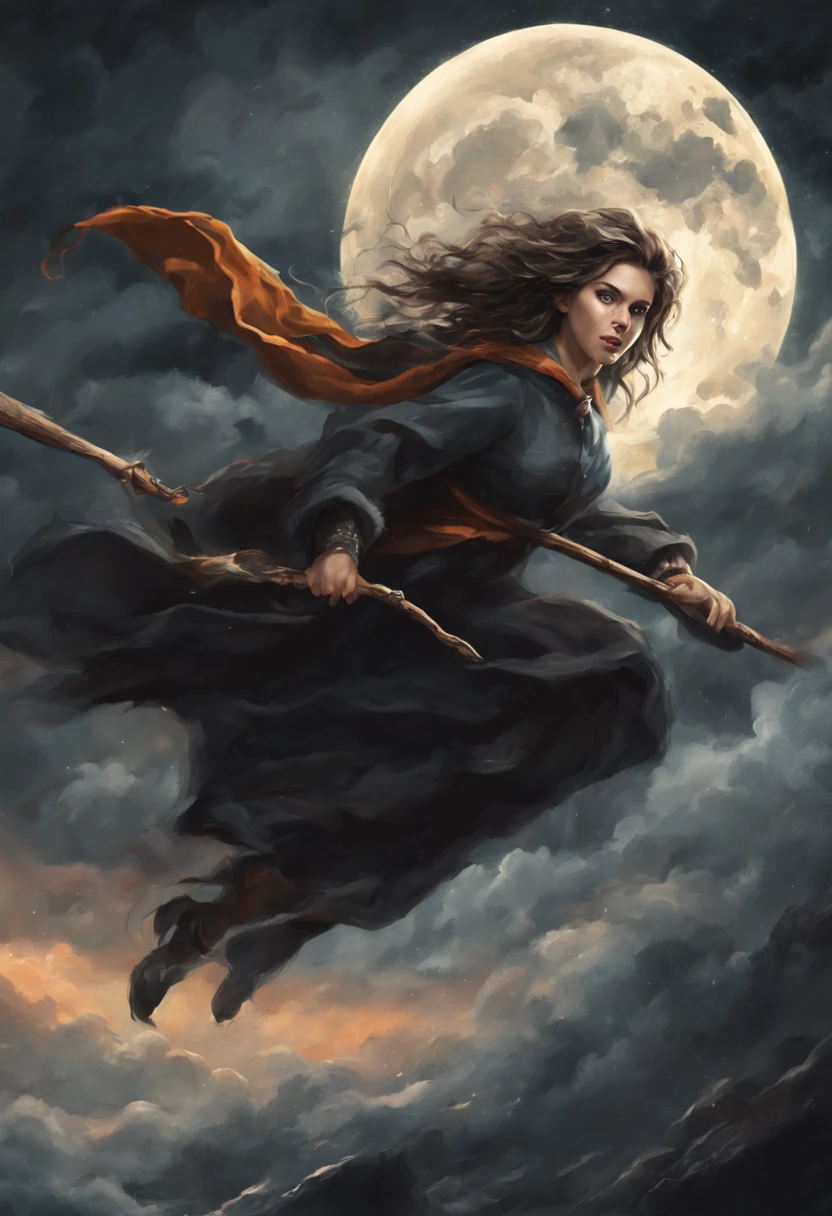 (best quality, HDR, ultra-detailed, realistic:1.37), scary witches flying on broomsticks, tense race through a cloud and thunderstorm filled night sky, swirling ring of magic marks the end, lightning outlines the course, full moon