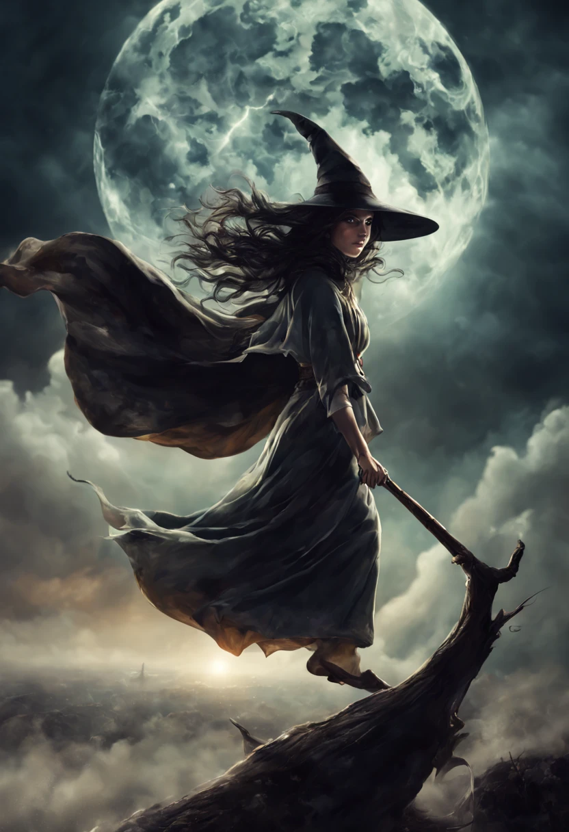 "(best quality,highres,realistic:1.37),scary witches flying on broomsticks, tense race above a cloud and thunderstorm-filled night sky, swirling ring of magic at the end, lightning outlining the course, full moon, mystical atmosphere, dramatic lighting, dark and eerie colors, witch hats and capes, hair flowing in the wind, intense expressions on their faces, intense focus and determination, broomsticks hovering in the air, crackling energy surrounding the broomsticks, ominous thunder and lightning, moonlight casting eerie shadows, mystical symbols in the sky, gusts of wind swirling around the witches, flying at high speed, competing for victory, anticipation and excitement, adrenaline-filled race, intense competition among witches, a thrilling and dangerous challenge, the world below disappearing in the darkness, stars twinkling in the night sky, the howling of the wind, clouds swirling ominously, wisps of fog adding to the eerie atmosphere, a sense of magic and mystery in the air."