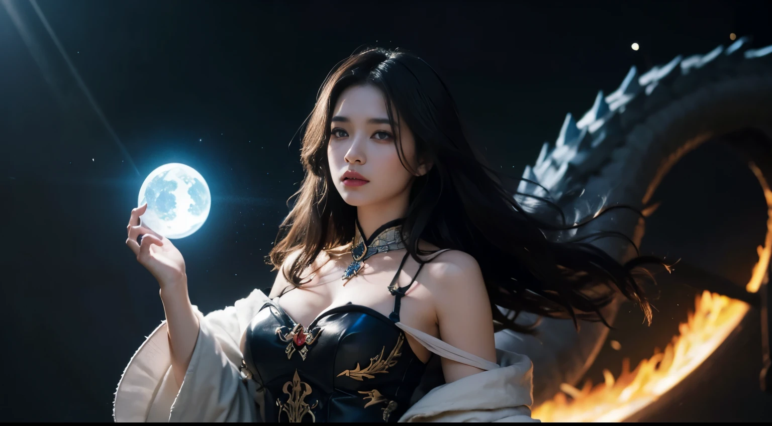 Medieval street corners,Night, Dark, (Fantasy),infinite,deep blue sky,The abyss of knowledge,Cowledge,((masutepiece)), (((Best Quality))),((Beautiful fine eyes)),(Eye lashes)、Very beautiful face、The ultra -The high-definition、Beautiful girl riding a huge white dragon、(1人)、Black hair、The long-haired、abyss eyes、glowy skin、oils、、Perfect human body structure、Wizard robes、tattered cloth、Realistic coat、Tee、Super delicate CG Unity 32k wallpaper、photoRealstic、masterpiece, ((ultra-detailliert)), ((illustratio)),colourfull,wall-paper,The energy,Unknown terror,Incomprehensible,Around the magic,Magical surroundings,magic wands,Boken,Flying pages,Know everything,Predict the future、Get to know the past、Infinite wisdom、blue flames、Warlock、magic circles、Pentagram、Spells、mantra、Singing magic