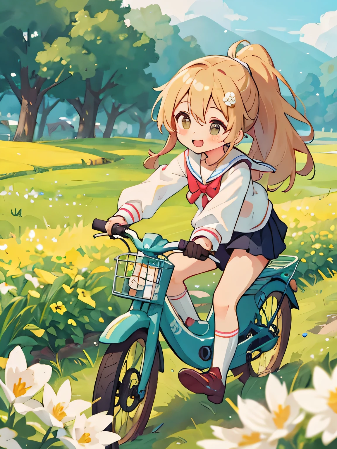 (8K、RAW photo、highest quality)、detailed background、beautiful and detailed face、beautiful and smooth skin、skin texture、professional lighting、Cute beautiful Iful Girl、Cute character wearing a sailor suit.、The costume is a uniform with a sailor collar and ribbon..、Cute Ponytail、 sleeveless、knee high socks、pleated mini skirt、Riding a road bike through the countryside、
wide々Beautiful rural scenery and the four seasons々enjoy the changes in.。golden ears of rice and flowers々The scenery of blooming flowers enriches the soul..。smile
