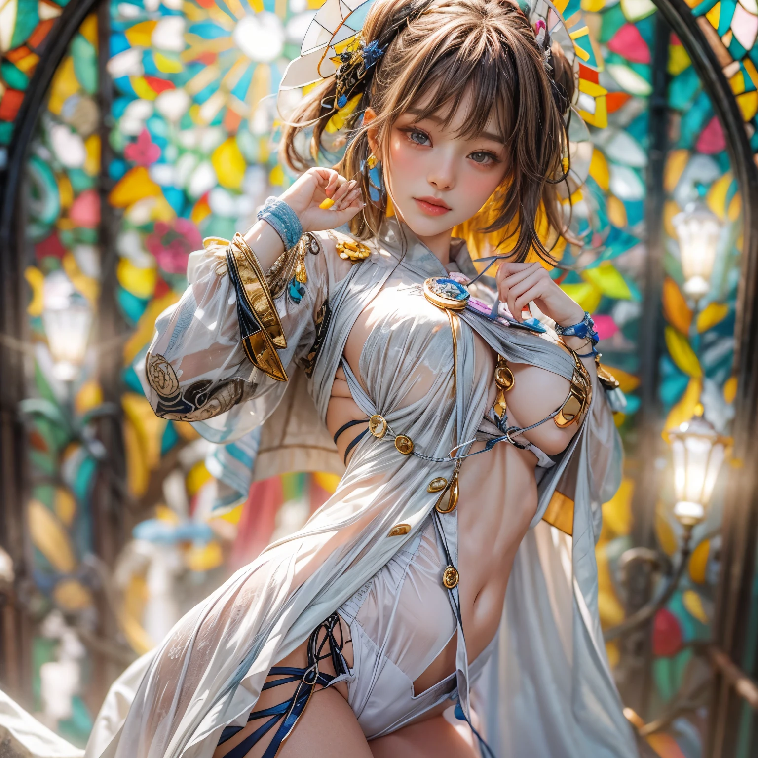 KAWAII girl in ((WHITE)) (loose opened uniform), with Glossy RED lips, (Exposed:0.9), (nipple:-1), { Extremely closeup | Dynamic-angle }, ((Dazzling stained glass Background)), (( colorful Light pours down from stunning elaborate stained glass:1.2)), vivid Red colors . ((Acutance:0.8, physically-based 3D rendering with Volumetric lighting)), (masterpiece:1.2), (ultra-detailed:1.35), (realistic, photorealistic, ((photo-realistic:1.37))with touch of rawness) . ((Renbutsu Misako)), (Extremely detailed KAWAII face variations, with Dynamic expressions), detailed eyes with sparkling highlights, captivating gaze, long eyelashes, subtle blush on the face, rosy cheeks, impeccable ivory skin texture . { full of flowers covering girl's body | Mystic sight | God rays | haze | Light Particle | Luminous Particle | Lens Flare | A Halo in the air | Overflowing underboob | Button Undoned } . (((Unaligned fingers:-0.9))) .