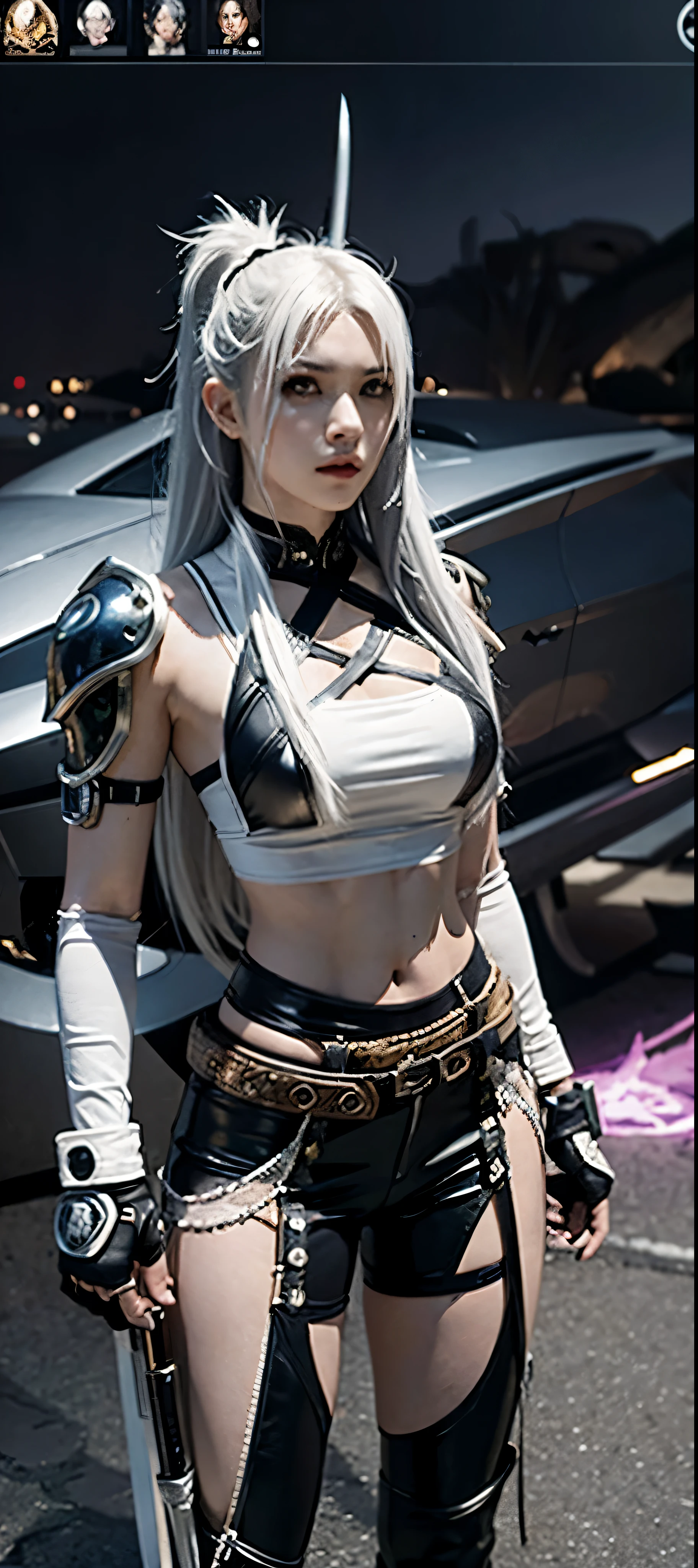 a close up of a person in a costume with a sword, as a character in tekken, female character, tifa lockhart with white hair, katana zero video game character, lunar themed attire, kda, slim body, cyborg - girl with silver hair, upper body avatar, fashion gameplay screenshot, fighting game character, new character, floralpunk elysian maiden, sigma female