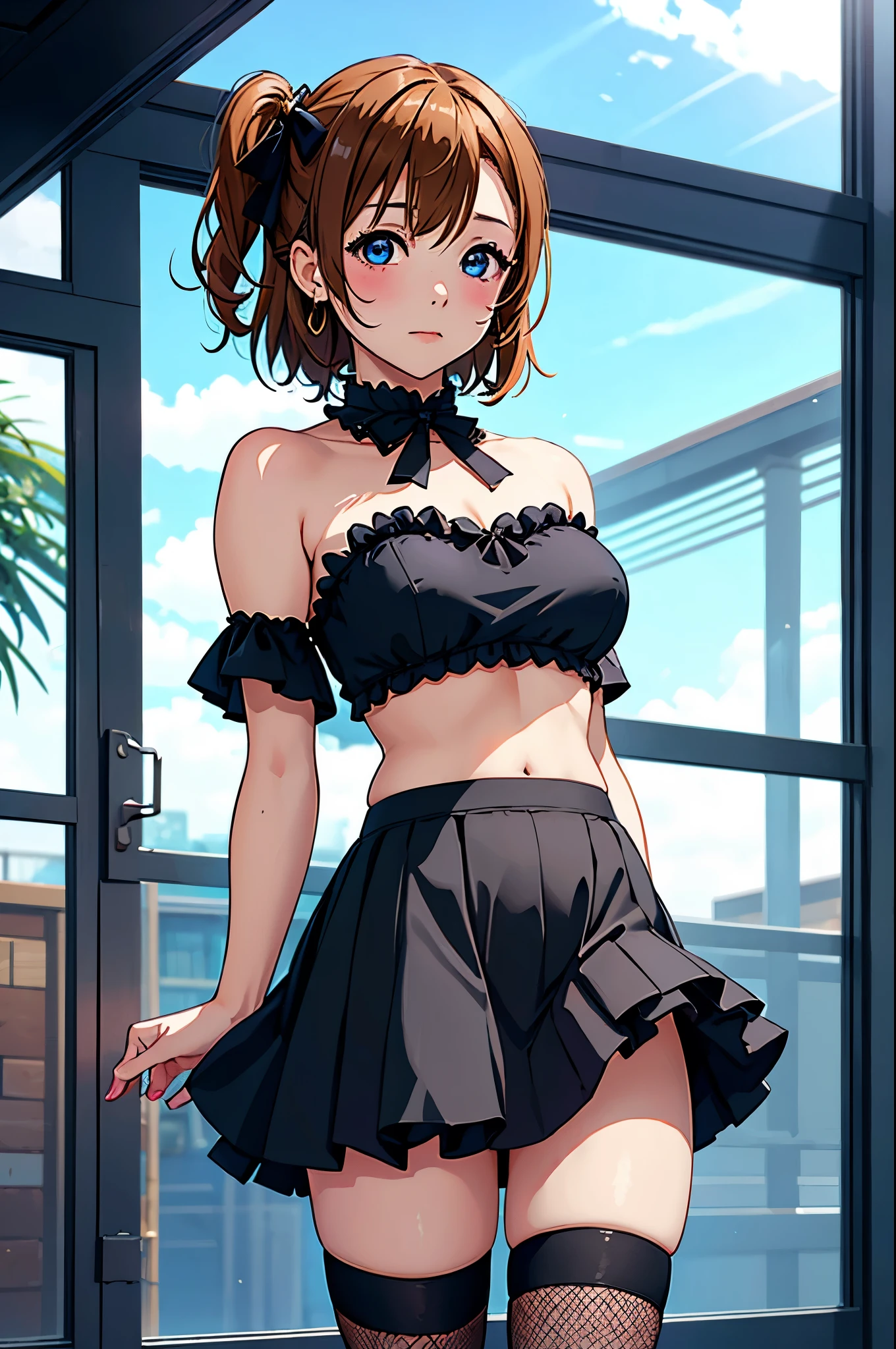 Masterpiece, best quality,Kousaka honoka, strapless black crop top, micro skirt, fishnet thighhighs,big breasts, standing , Blushing ,cowboy shot , jewelry ,hand on hip , gothic 