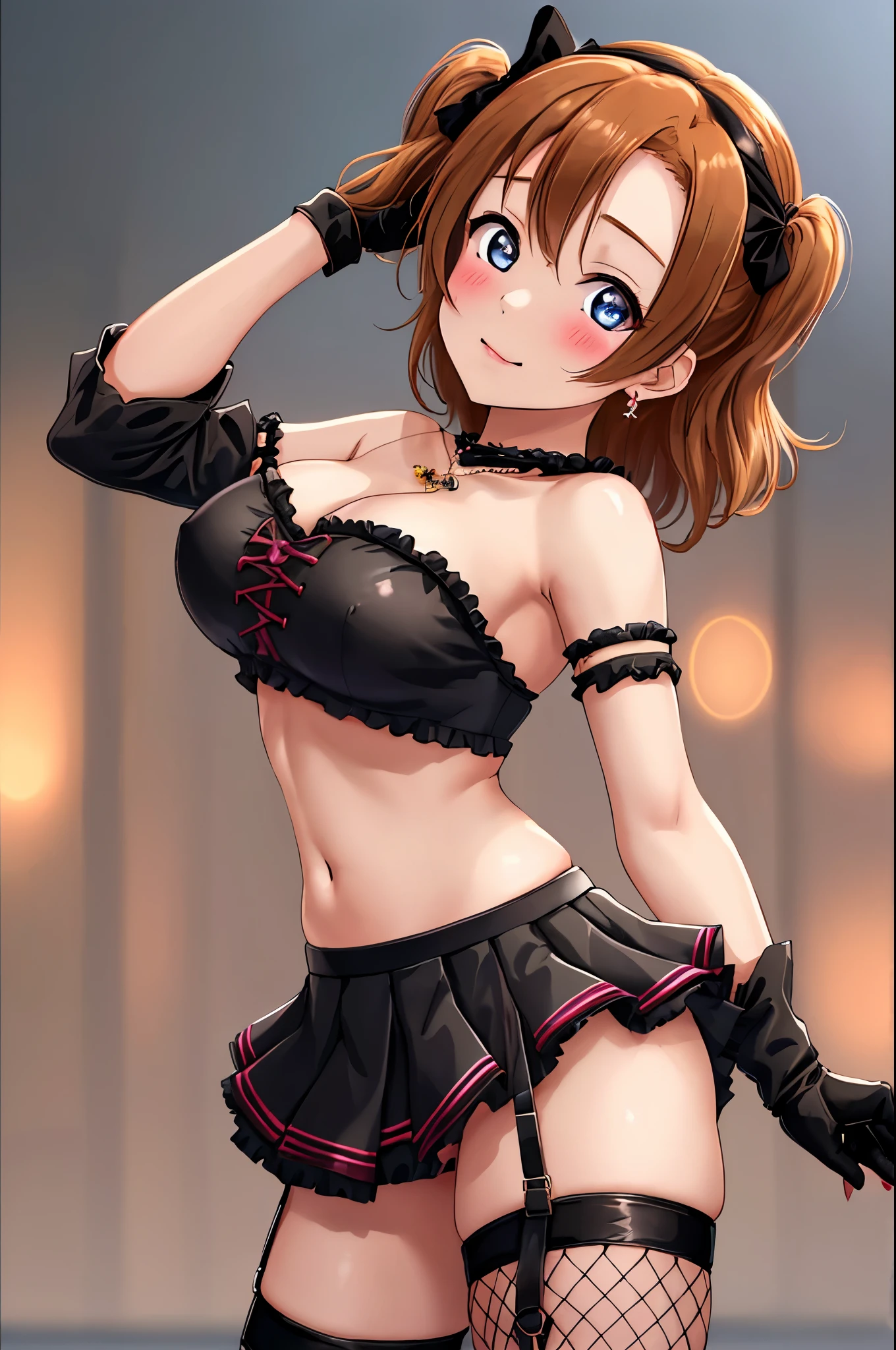 Masterpiece, best quality,Kousaka honoka, strapless black crop top, micro skirt, fishnet thighhighs,big breasts, standing , Blushing ,cowboy shot , jewelry ,hand on hip , gothic 