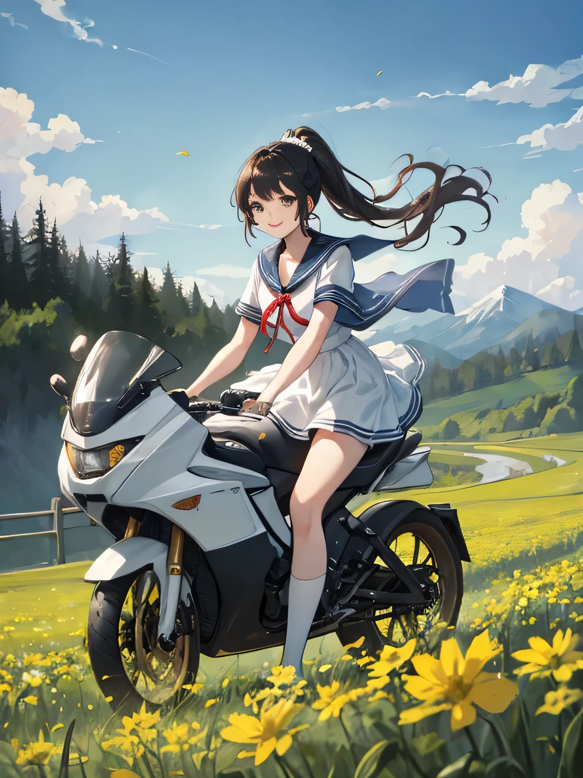(8K、RAW photo、highest quality)、detailed background、beautiful and detailed face、beautiful and smooth skin、skin texture、professional lighting、Cute beautiful Iful Girl、Cute character wearing a sailor suit.、 The costume is an elegant dress with a sailor collar and ribbon..、Cute Ponytail、 sleeveless、knee high socks、Riding a road bike through the countryside、
wide々Beautiful rural scenery and the four seasons々enjoy the changes in.。golden ears of rice and flowers々The scenery of blooming flowers enriches the soul..。smile