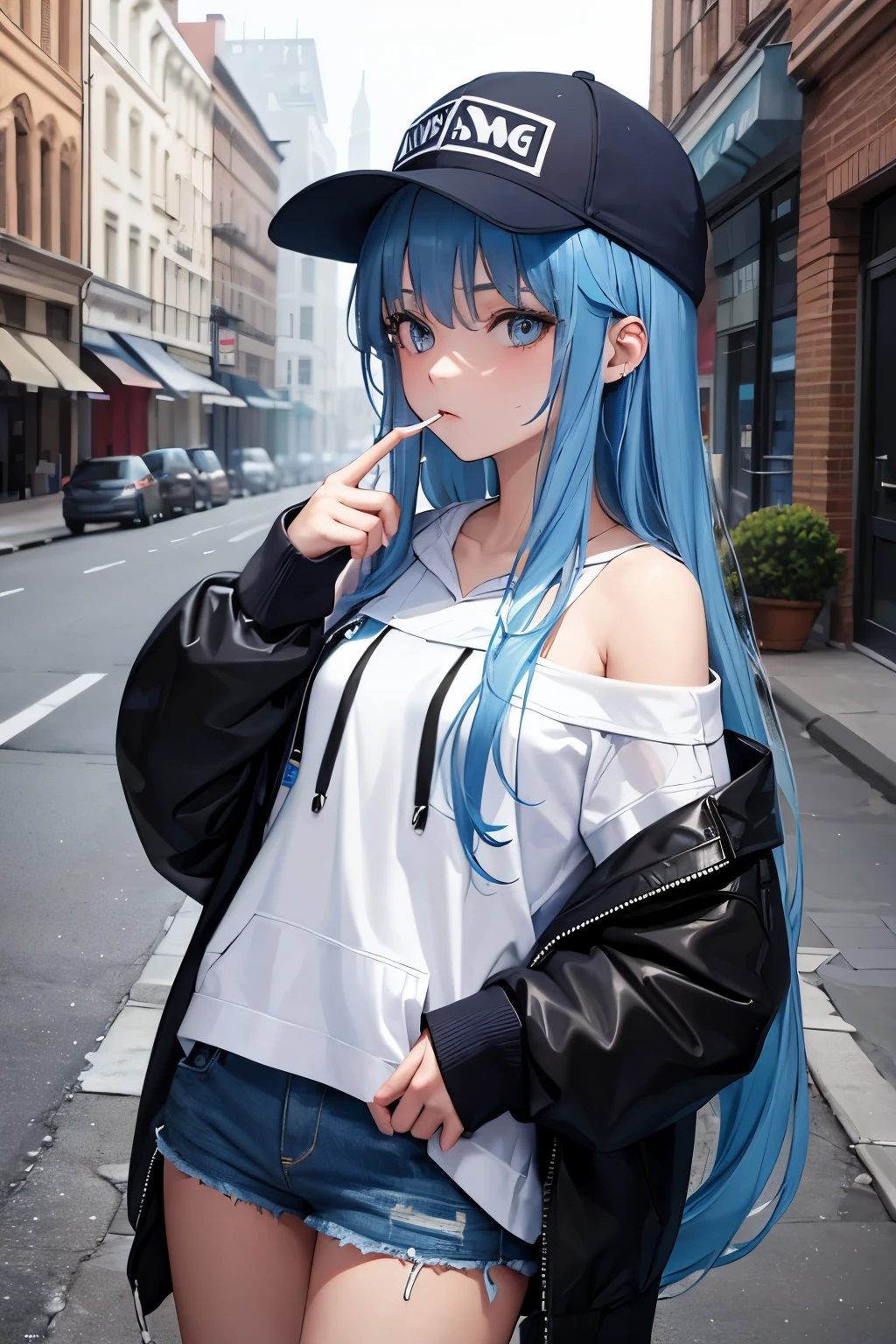 masterpiece,1 girl,alone,long hair,blue hair,hoodie,off shoulder:1.2, mob cap, street,Smoke a cigarette ,Put on headphones