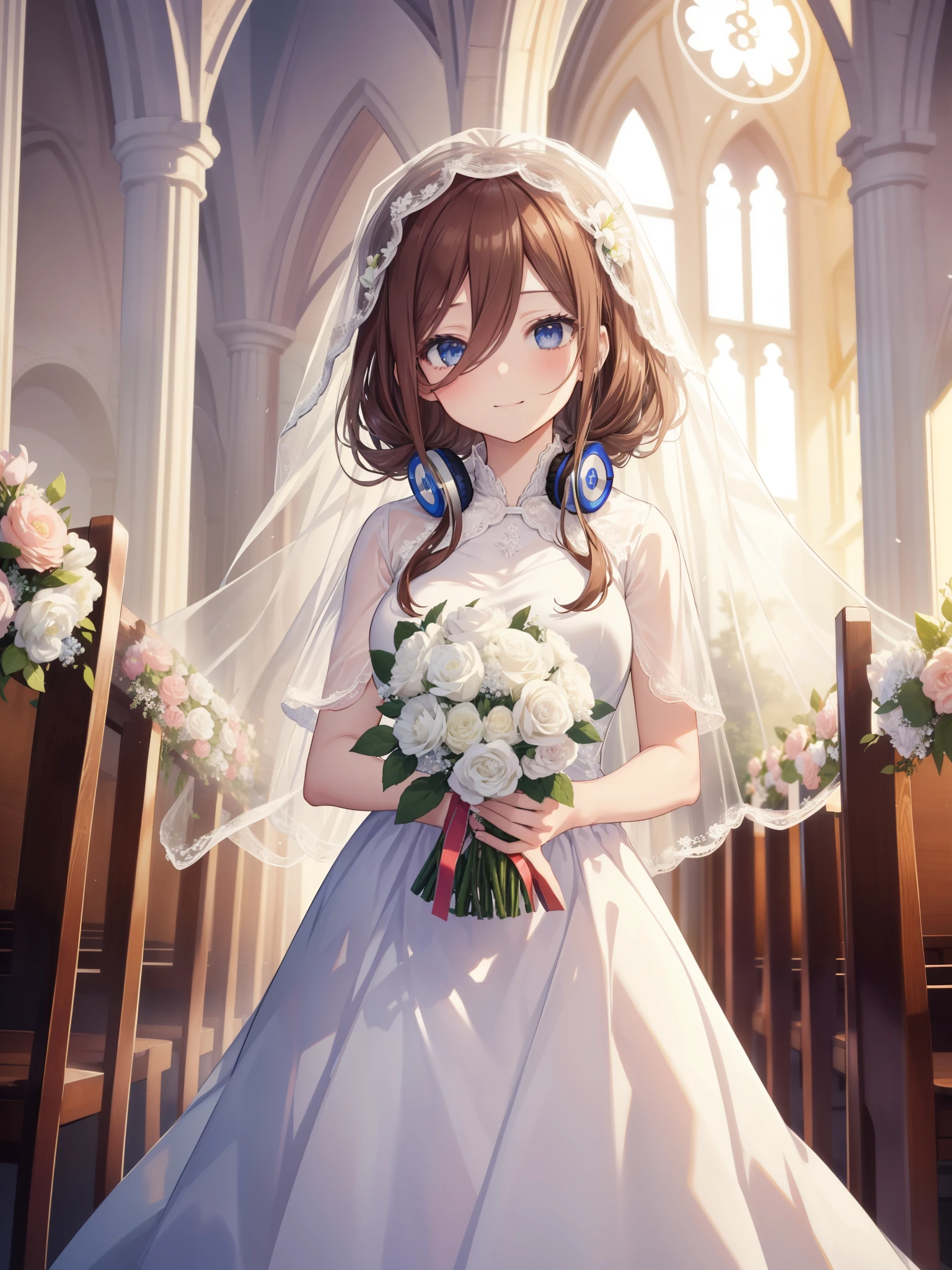 masterpiece, highest quality, High resolution, 1人のgirl, girl, masterpiece、highest quality、masterpiece, highest quality, high again, , 1girl, alone, hair flower, wedding d again ss, Holding a bouquet of flowers in your hands, Chacha, smile, church, white bridal veil,  nakano miku, brown hair, hair between eyes, headphones