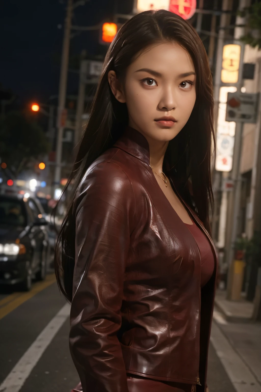 best quality, realistic, front pov, a female Indonesian supermodel, KristannaTX in a los angeles city street, night time, dark, (a female Indonesian supermodel), (wine red leather jacket:1.0), seductive smirk, (long hair), (dark hair) (straight hair:1.1), perfect face, perfect eyes, (deep focus), (clear lighting), (hard lighting:1.0)