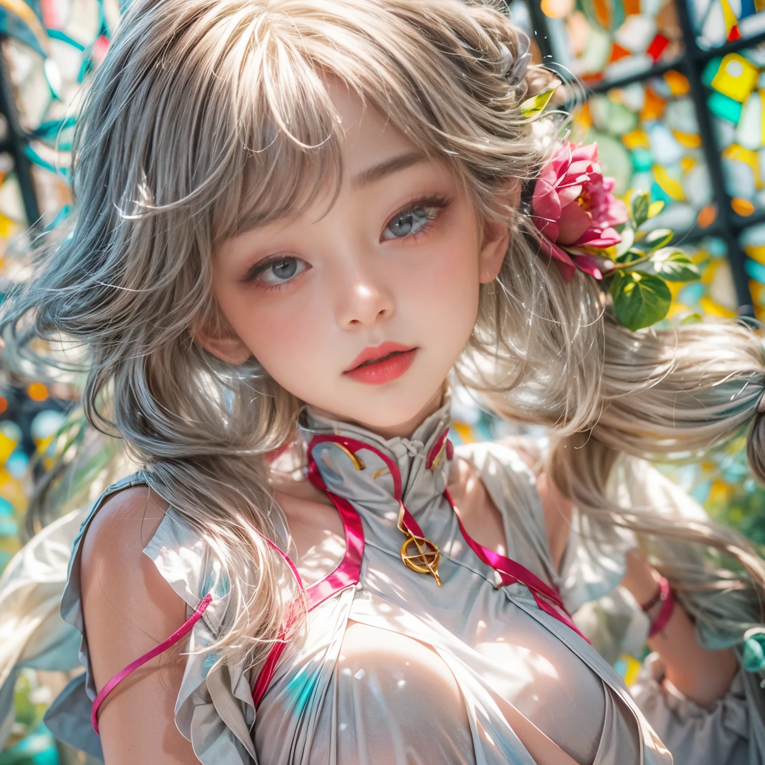 KAWAII girl in ((WHITE)) (loose opened uniform), with Glossy RED lips, (Exposed:0.9), (nipple:-1), { Extremely closeup | Dynamic-angle }, ((Dazzling stained glass Background)), (( colorful Light pours down from stunning elaborate stained glass:1.2)), vivid Red colors . ((Acutance:0.8, physically-based 3D rendering with Volumetric lighting)), (masterpiece:1.2), (ultra-detailed:1.35), (realistic, photorealistic, ((photo-realistic:1.37))with touch of rawness) . ((Renbutsu Misako)), (Extremely detailed KAWAII face variations, with Dynamic expressions), detailed eyes with sparkling highlights, captivating gaze, long eyelashes, subtle blush on the face, rosy cheeks, impeccable ivory skin texture . { full of flowers covering girl's body | Mystic sight | God rays | haze | Light Particle | Luminous Particle | Lens Flare | A Halo in the air | Overflowing underboob | Button Undoned } . (((Unaligned fingers:-0.9))) .
