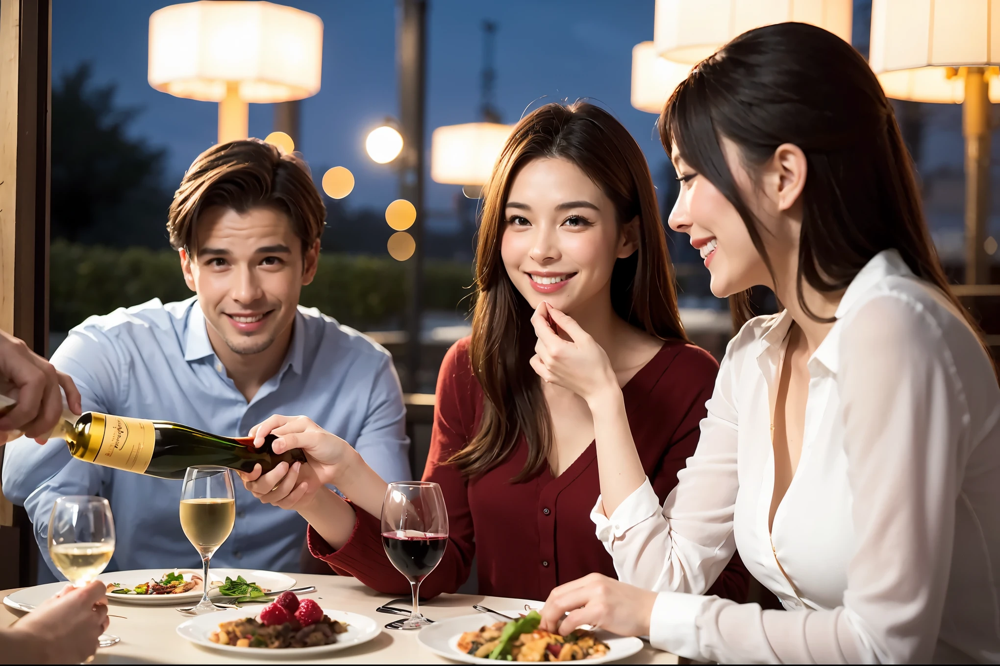 k, UHD, highest quality, masterpiece: 1.2), (realistic, photorealistic: 1.37), Super detailed, celebration paeauty、beautiful mature 3 women who love wine、Three Men、champagne、Sparkling wine、winter night、restaurantでワイン宴会、(slimな男女4名),(Wine party for 5 p)、(slimフェイス),Happy、 最高なsmile、Fox Face、Berry Short、(because I'thin), (brown hair), (shortcut), long sleeve shirt、winter fashion、Japanese、Dutch、German、Portuguese、Belgian、Italian、french, (gushing), (slimボティ), (brown hair), (shortcut), 端正なbeauty、cheeks blush a little, (34 years old), 38 years old, alone, A beautiful and detailed night view spreads out outside the window....., restaurant, wine glassが座っている, At night, in a prominent place (from the Upper body) nova frog style, actress, model, Upper body, White wine, slim, wine glass, Very beautiful night view, wine glass Put in the Middle, Happy smile, (smile: 1.15),