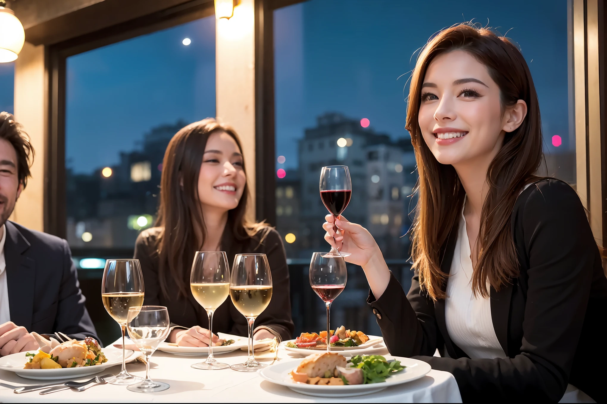 64k, UHD, highest quality, masterpiece: 1.2), (realistic, photorealistic: 1.37), Super detailed, celebration party、beauty、beautiful mature woman、3 women who love wine、Three Men、champagne、Sparkling wine、winter night、restaurantでワイン宴会、(slimな男女4名),(Wine party for 5 people)、(slimフェイス),Happy、 最高なsmile、Fox Face、Berry Short、(because I&#39;thin), (brown hair), (shortcut), long sleeve shirt、winter fashion、Japanese、Dutch、German、Portuguese、Belgian、Italian、french, (gushing), (slimボティ), (brown hair), (shortcut), 端正なbeauty、cheeks blush a little, (34 years old), 38 years old, alone, A beautiful and detailed night view spreads out outside the window....., restaurant, wine glassが座っている, At night, in a prominent place (from the Upper body) nova frog style, actress, model, Upper body, White wine, slim, wine glass, Very beautiful night view, wine glass Put in the Middle, Happy smile, (smile: 1.15), 