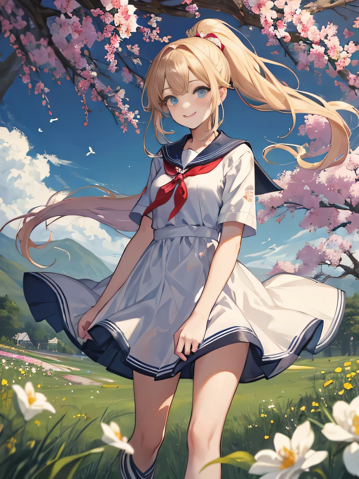 (8K、RAW photo、highest quality)、detailed background、beautiful and detailed face、beautiful and smooth skin、skin texture、professional lighting、Cute beautiful Iful Girl、Cute character wearing a sailor suit.、 The costume is an elegant dress with a sailor collar and ribbon..、Cute Ponytail、 sleeveless、knee high socks、Riding a road bike through the countryside、
wide々Beautiful rural scenery and the four seasons々enjoy the changes in.。golden ears of rice and flowers々The scenery of blooming flowers enriches the soul..。smile