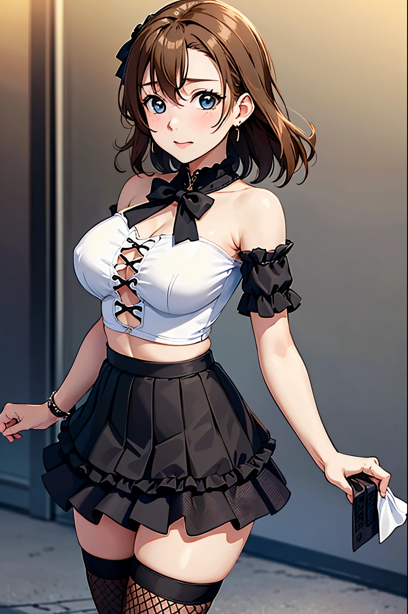 Masterpiece, best quality,Kousaka honoka, strapless black crop top, micro skirt, fishnet thighhighs,big breasts, standing , Blushing ,cowboy shot , jewelry ,hand on hip , gothic