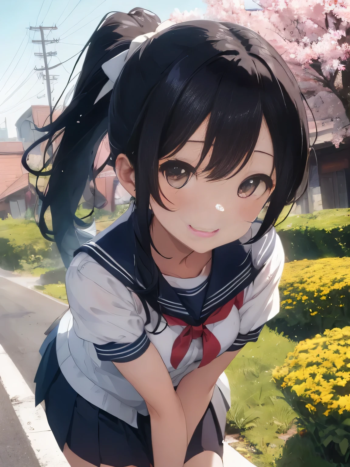 (8K、RAW photo、highest quality)、detailed background、beautiful and detailed face、beautiful and smooth skin、skin texture、professional lighting、Cute beautiful Iful Girl、Cute character wearing a sailor suit.、The costume is a uniform with a sailor collar and ribbon..、Cute Ponytail、 sleeveless、knee high socks、pleated mini skirt、Riding a road bike through the countryside、
wide々Beautiful rural scenery and the four seasons々enjoy the changes in.。golden ears of rice and flowers々The scenery of blooming flowers enriches the soul..。smile