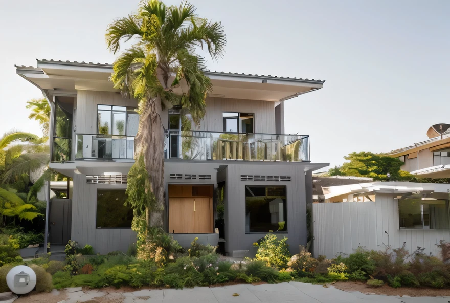 Color photo of a modern and simple gray Midcentury house.. The home exudes an air of luxury and sophistication with its sleek lines., Clean design, and a neutral color palette.. The exterior of the house is painted a beautiful gray., which complements the surrounding landscape perfectly. Large windows allow plenty of natural light to flow inside., Create a bright and airy atmosphere.. architectural details, such as a flat roof, angular shape, and minimalist gardening, Add contemporary beauty to the overall home.. This gray Midcentury home is a timeless masterpiece., Blends seamlessly with the environment.