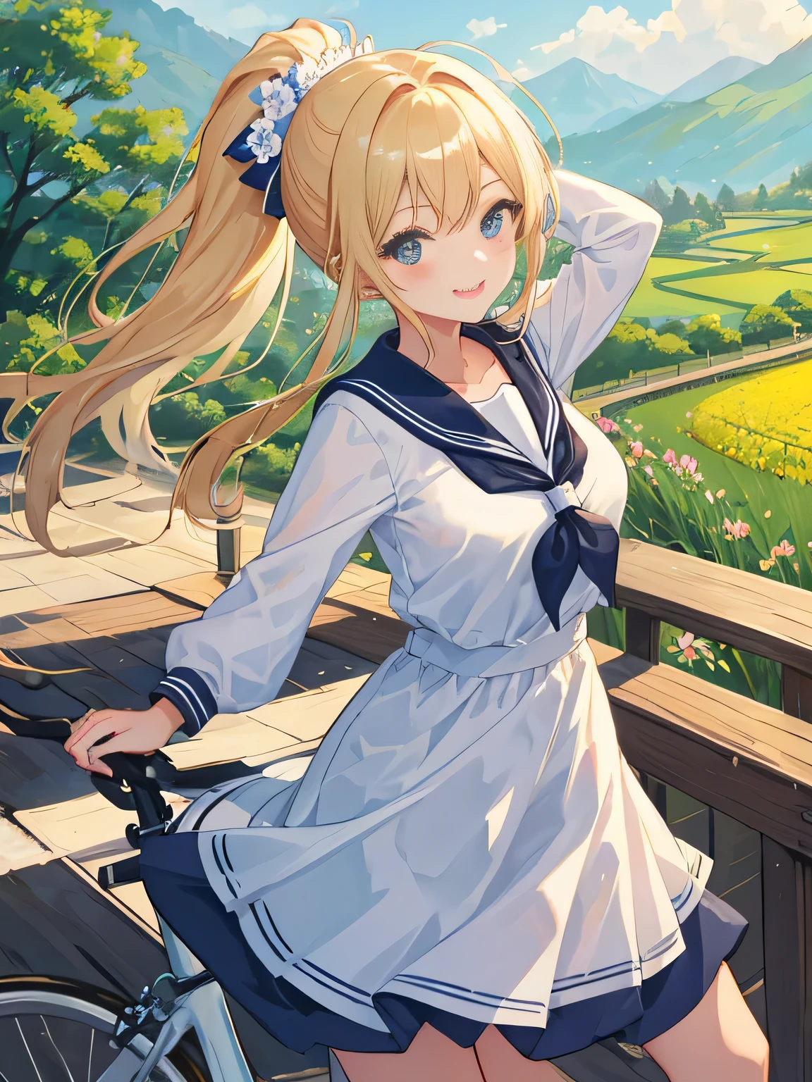 (8K、RAW photo、highest quality)、detailed background、beautiful and detailed face、beautiful and smooth skin、skin texture、professional lighting、Cute beautiful Iful Girl、Cute character wearing a sailor suit.、 The costume is an elegant dress with a sailor collar and ribbon..、Cute Ponytail、 Riding a road bike through the countryside、
wide々Beautiful rural scenery and the four seasons々enjoy the changes in.。golden ears of rice and flowers々The scenery of blooming flowers enriches the soul..。smile