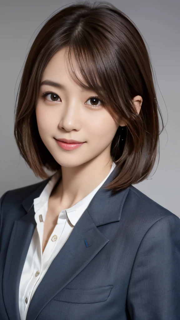 (Highly detailed CG Unity 8K wallpaper, highest quality, super detailed, look at the camera:1.2, light shines on your face:1.5, gray background, professional lighting), 26-year-old Japanese female, upper body composition with her face well-lit. She has an oval face, soft arched eyebrows, bright expressive eyes, a well-defined nose, and a friendly smile. Her hair is shoulder-length, straight, and dyed a light chestnut brown. She's wearing a smart-casual blouse, possibly in a soft color, complemented by a chic blazer, embodying her lively and sociable personality