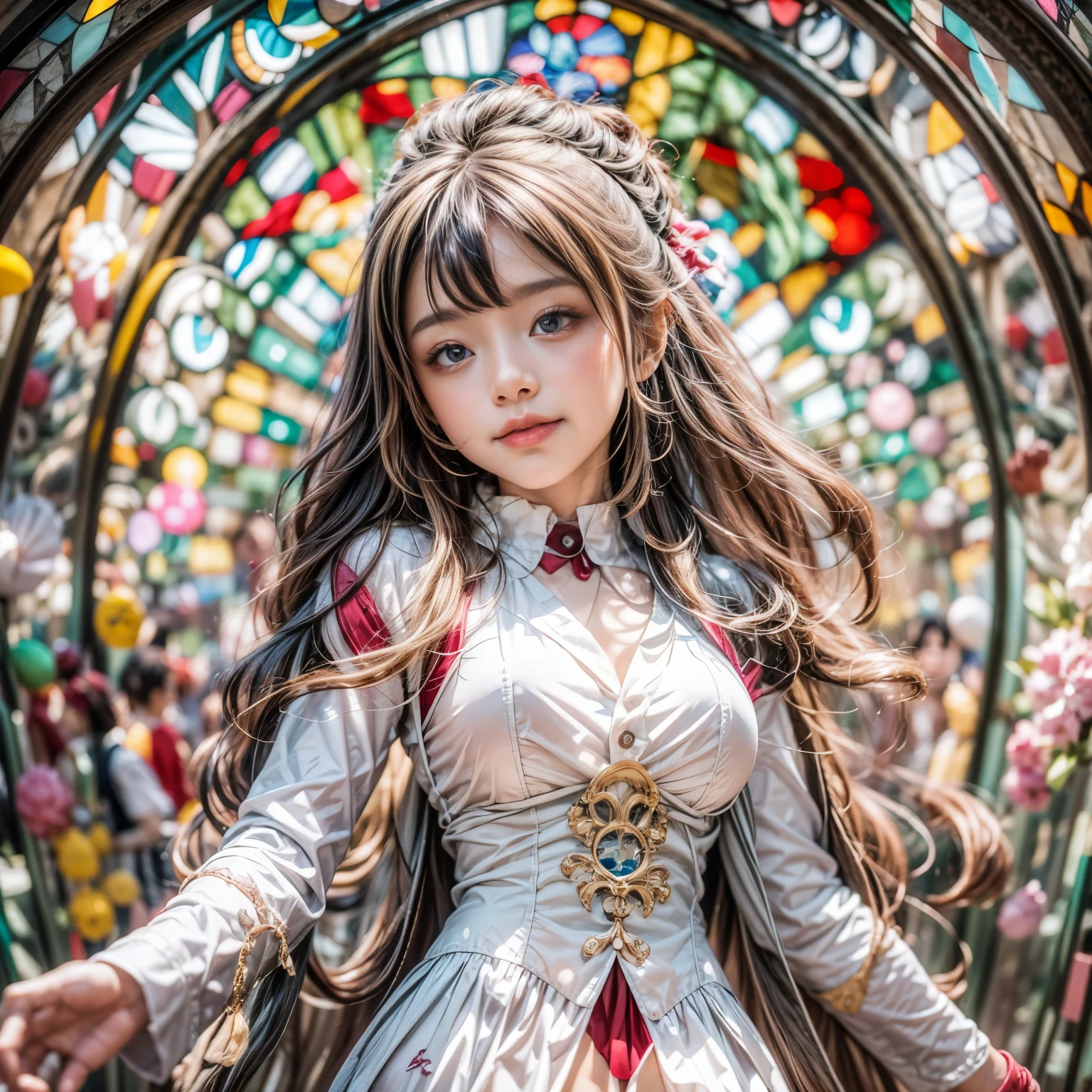 KAWAII girl in ((WHITE)) (loose opened uniform), with Glossy RED lips, (Exposed:0.9), (nipple:-1), { Extremely closeup | Dynamic-angle }, ((Dazzling stained glass Background)), (( colorful Light pours down from stunning elaborate stained glass:1.2)), vivid Red colors . ((Acutance:0.8, physically-based 3D rendering with Volumetric lighting)), (masterpiece:1.2), (ultra-detailed:1.35), (realistic, photorealistic, ((photo-realistic:1.37))with touch of rawness) . ((Renbutsu Misako)), (Extremely detailed KAWAII face variations, with Dynamic expressions), detailed eyes with sparkling highlights, captivating gaze, long eyelashes, subtle blush on the face, rosy cheeks, impeccable ivory skin texture . { full of flowers covering girl's body | Mystic sight | God rays | haze | Light Particle | Luminous Particle | Lens Flare | A Halo in the air | Overflowing underboob | Button Undoned } . (((Unaligned fingers:-0.9))) .
