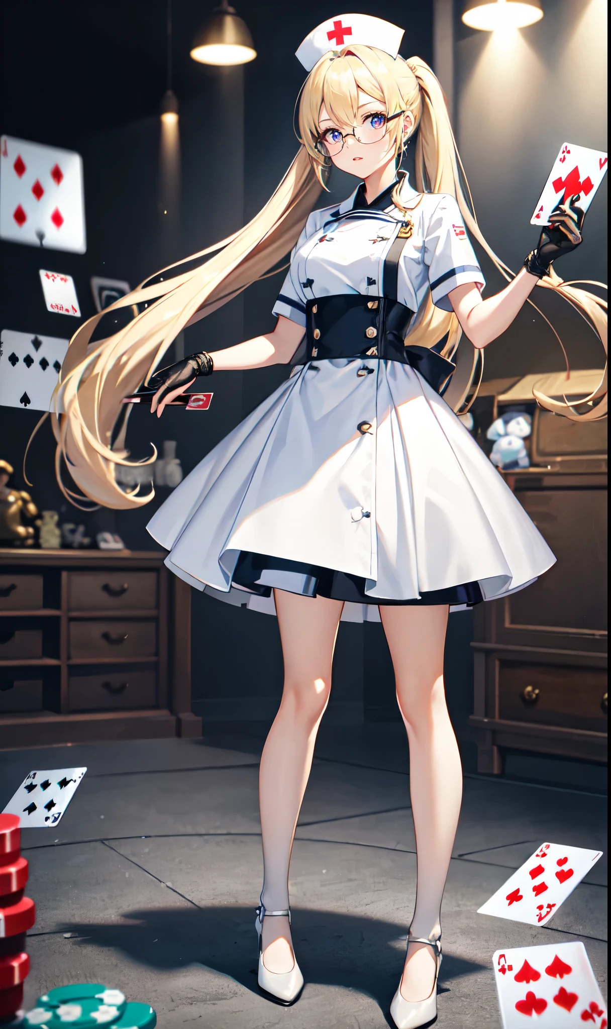 hospital background,Playing card decoration,Long light blonde hair,Standing close-up,dream world,Nurse大姐姐,(glasses),High ponytail,Messy hair,Elongated danphoenix eyes,(WhiteNurse,Nurse,Handheld dolls,Bunny doll:2.0),Background of poker decoration,(A ward filled with poker:2.0),温柔病娇Nurse姐姐,White,High heel,Detailedly drawn backgrounds