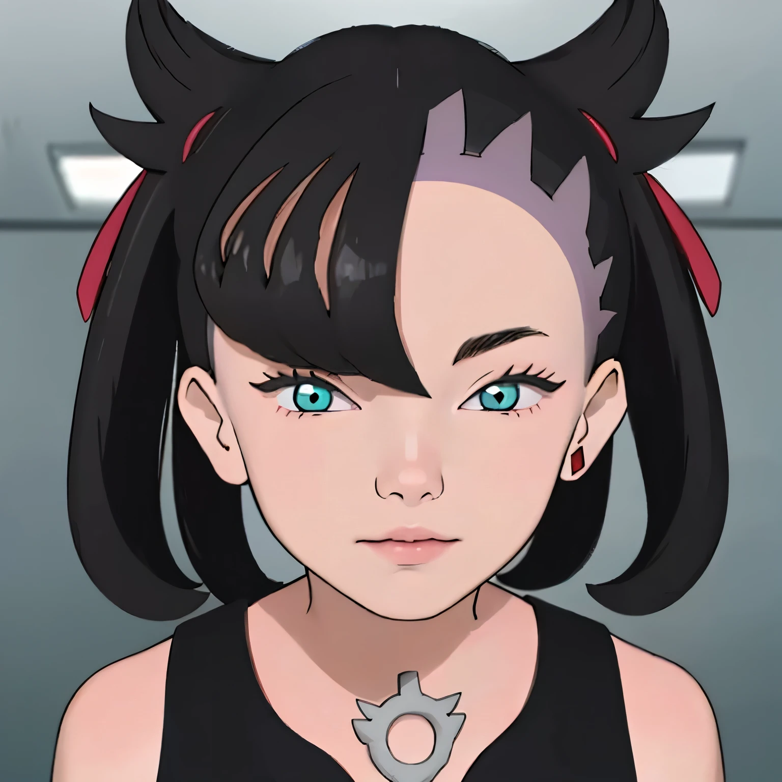 An exquisite masterpiece of top quality and high resolution featuring Marnie. Big sleepy eyes, Aqua eyes、Glowing under the dim light. black hair, much hair, Hair with volume, messy hair, only head and shoulders, magazine style, pink top, russian woman, adult woman, looking at the viewer, frontal, hyperrealistic.