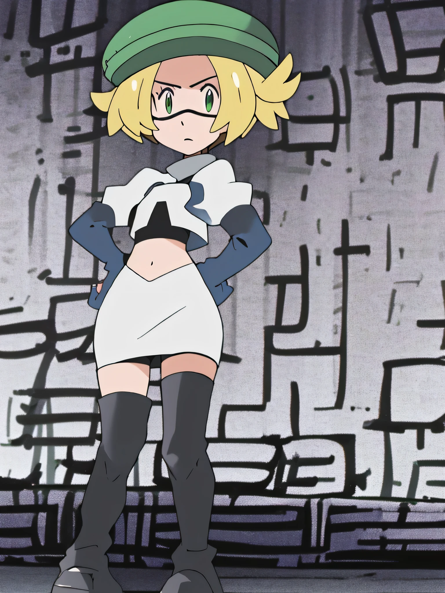 masterpiece, best quality, highres,team rocket uniform, red letter r, white skirt, white crop top, black thigh-high boots, black elbow gloves, glaring angrily, looking at viewer, hands on hips, full body seen, zettai ryouiki, Bianca, green hat, glasses